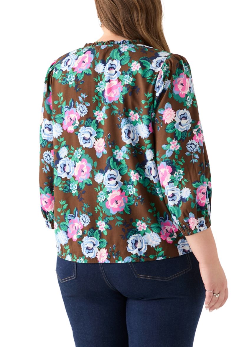Plus Size 3/4 Puff Sleeve Printed Shirred Shoulder Peasant Top 