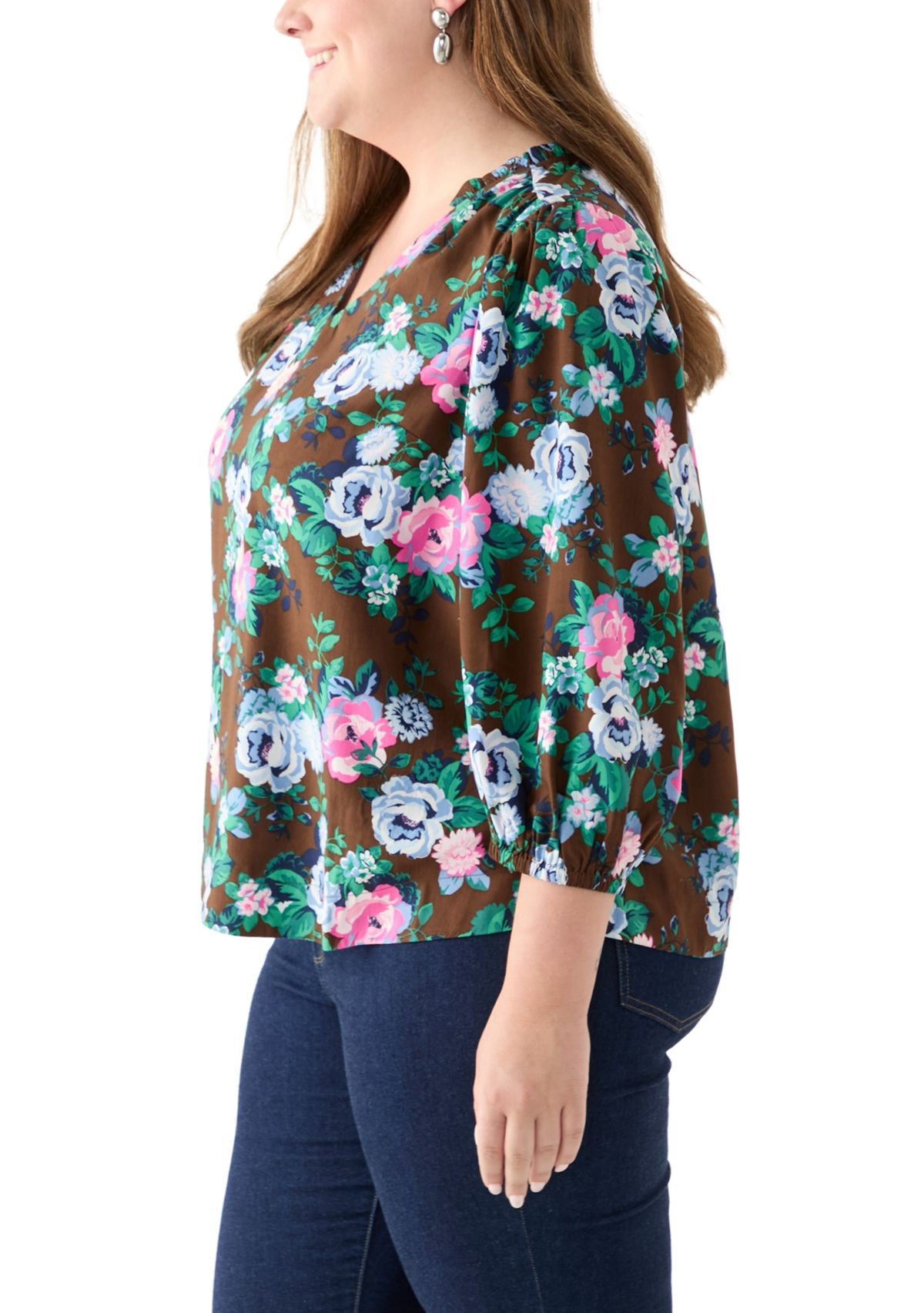 Plus Size 3/4 Puff Sleeve Printed Shirred Shoulder Peasant Top 
