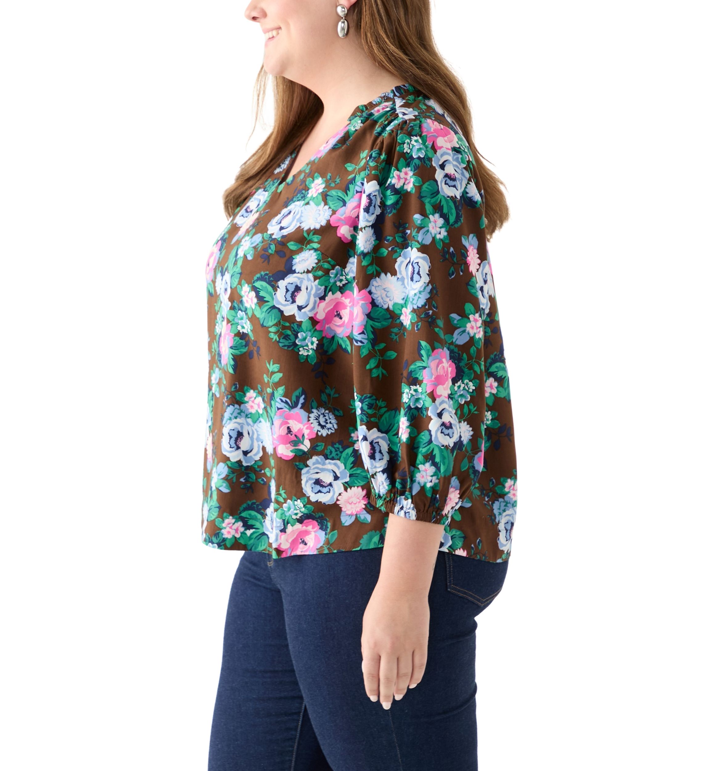 Plus Size 3/4 Puff Sleeve Printed Shirred Shoulder Peasant Top 