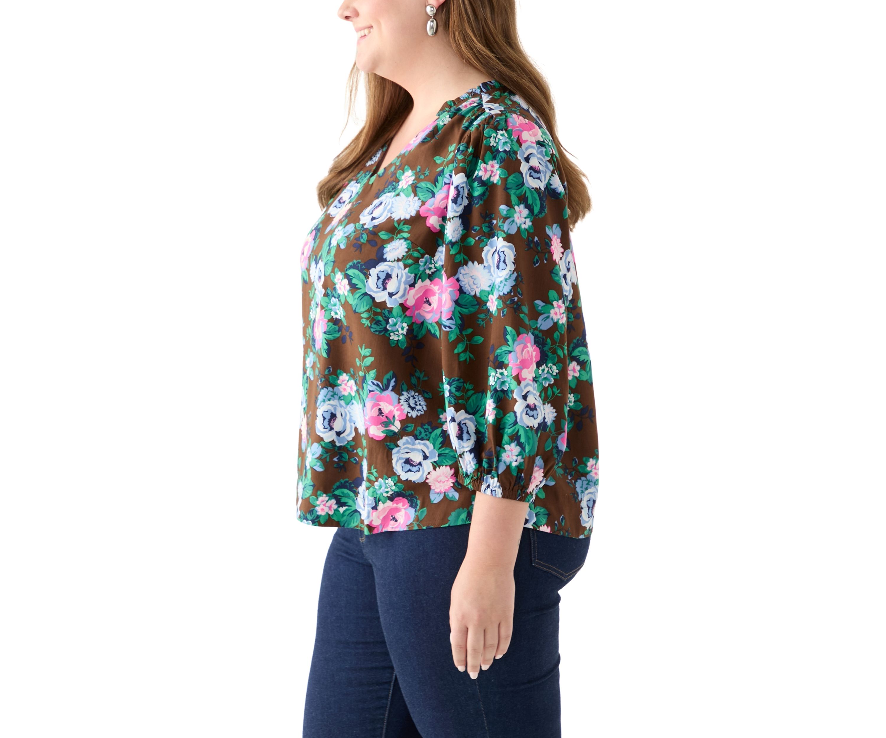 Plus Size 3/4 Puff Sleeve Printed Shirred Shoulder Peasant Top 