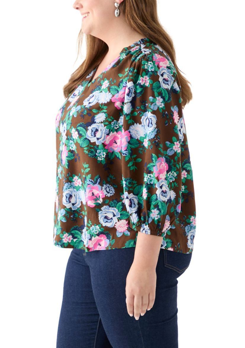 Plus Size 3/4 Puff Sleeve Printed Shirred Shoulder Peasant Top 