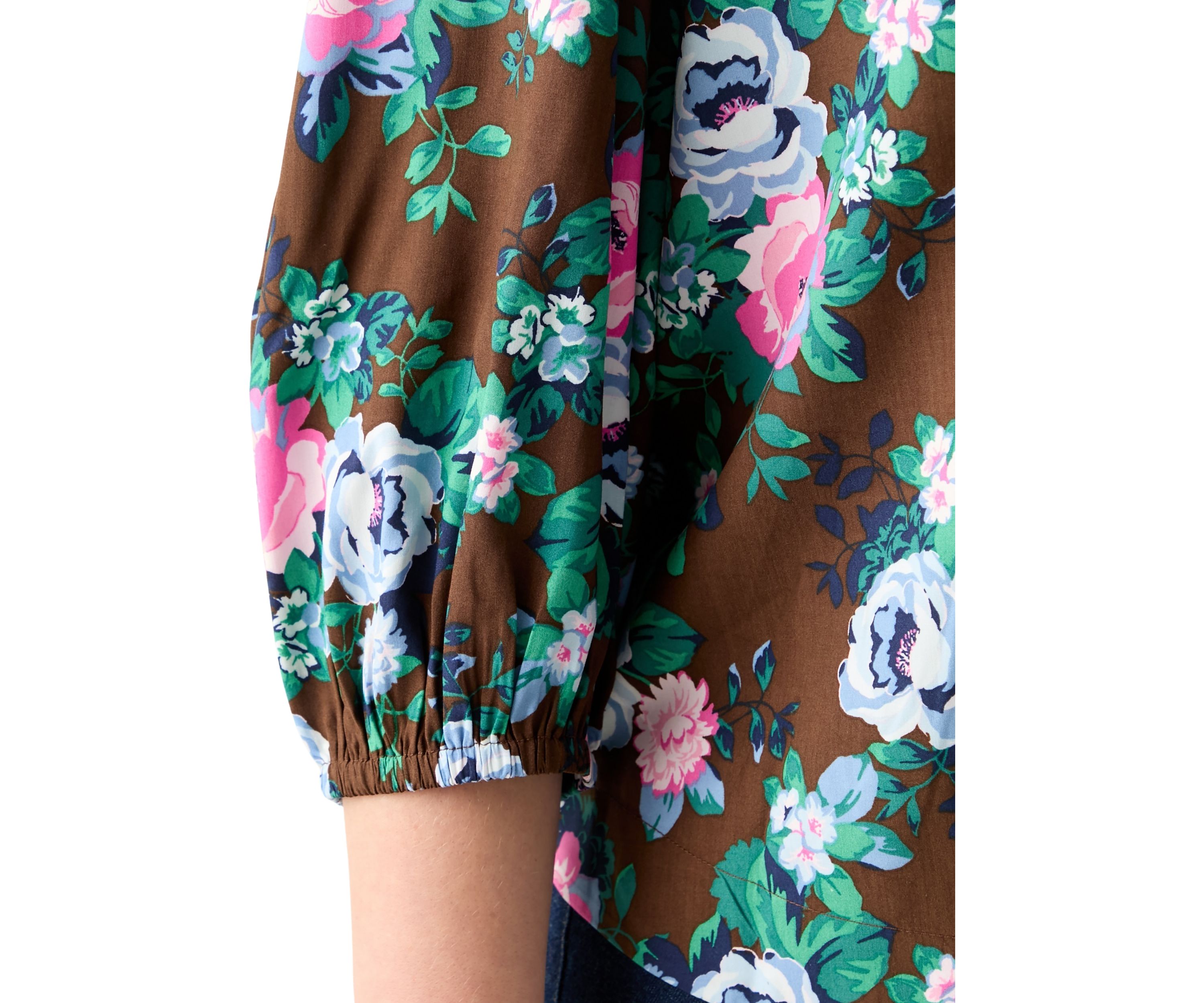 Plus Size 3/4 Puff Sleeve Printed Shirred Shoulder Peasant Top 