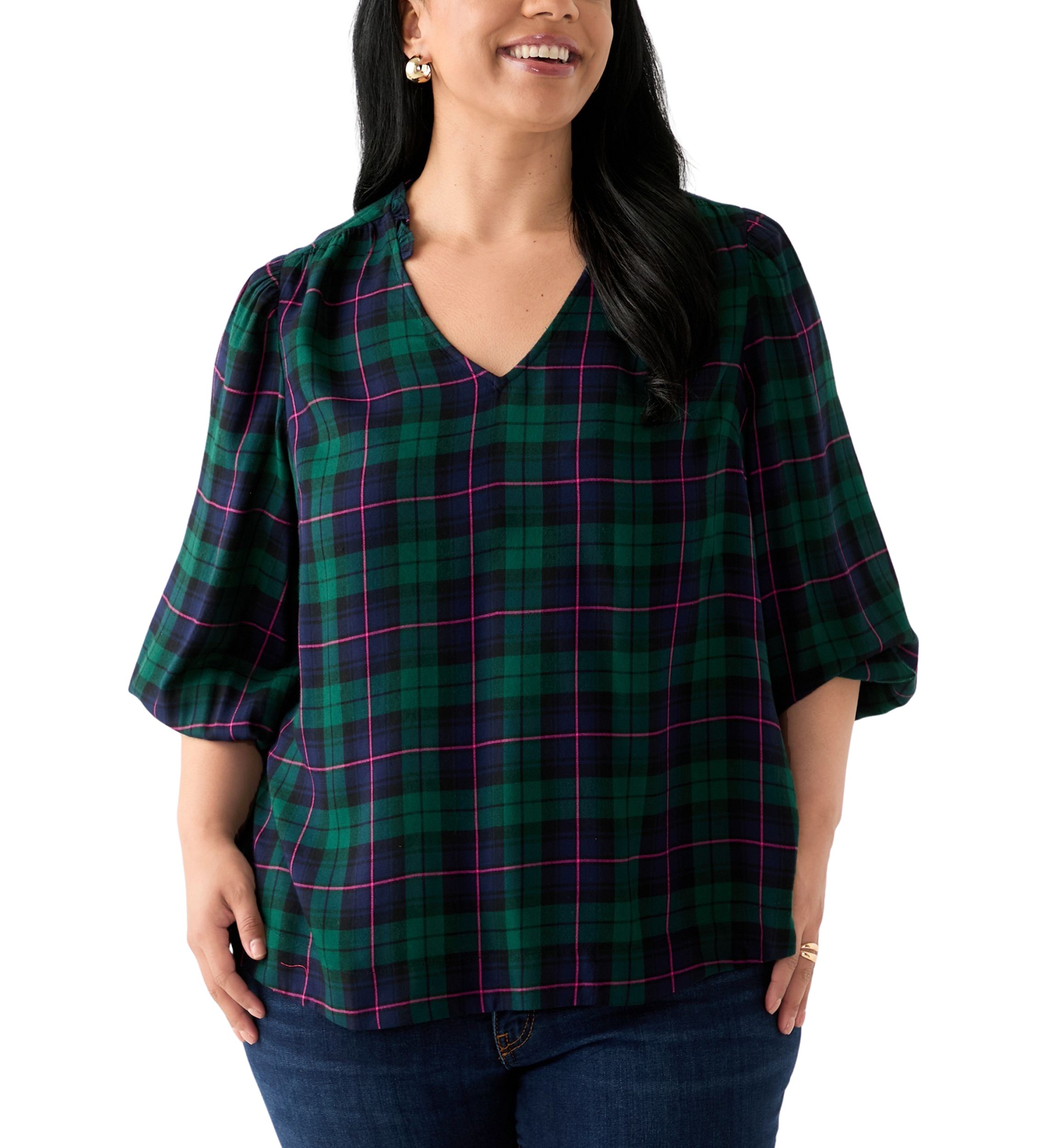 Plus Size Three-Quarter Sleeve Shirred Shoulder Shirt