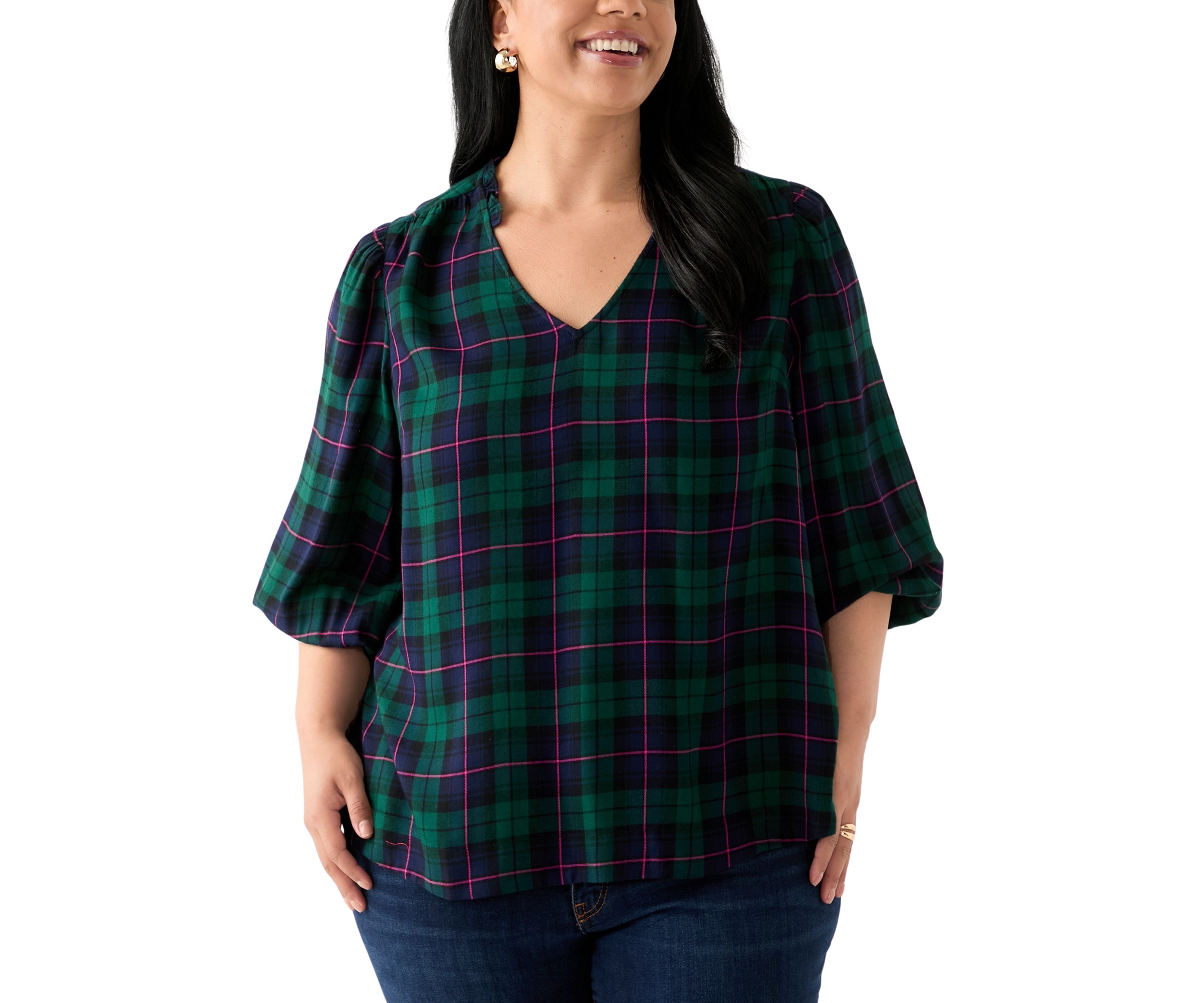 Plus Size Three-Quarter Sleeve Shirred Shoulder Shirt