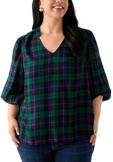 Plus Size Three-Quarter Sleeve Shirred Shoulder Shirt