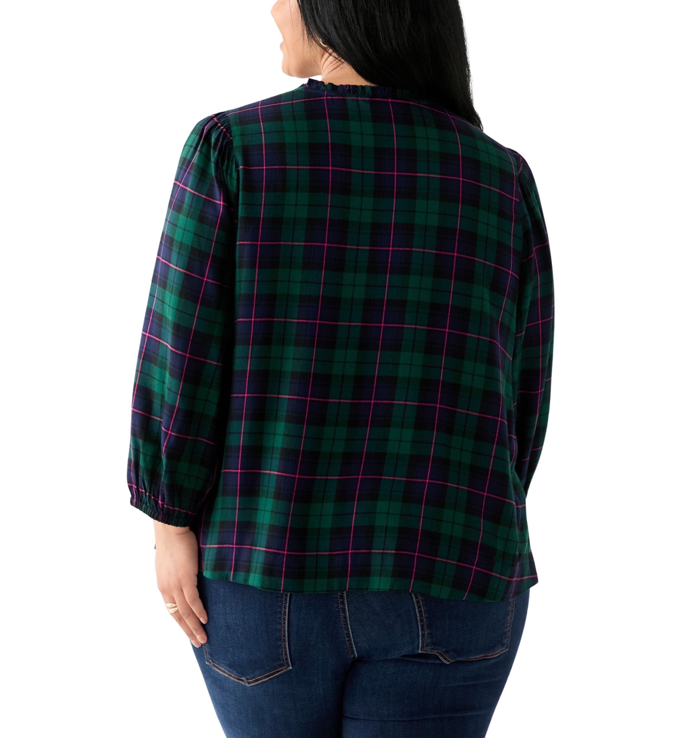 Plus Size Three-Quarter Sleeve Shirred Shoulder Shirt
