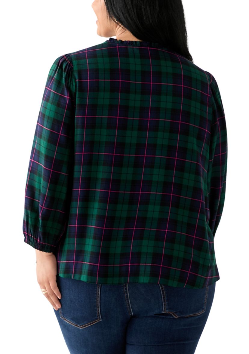 Plus Size Three-Quarter Sleeve Shirred Shoulder Shirt