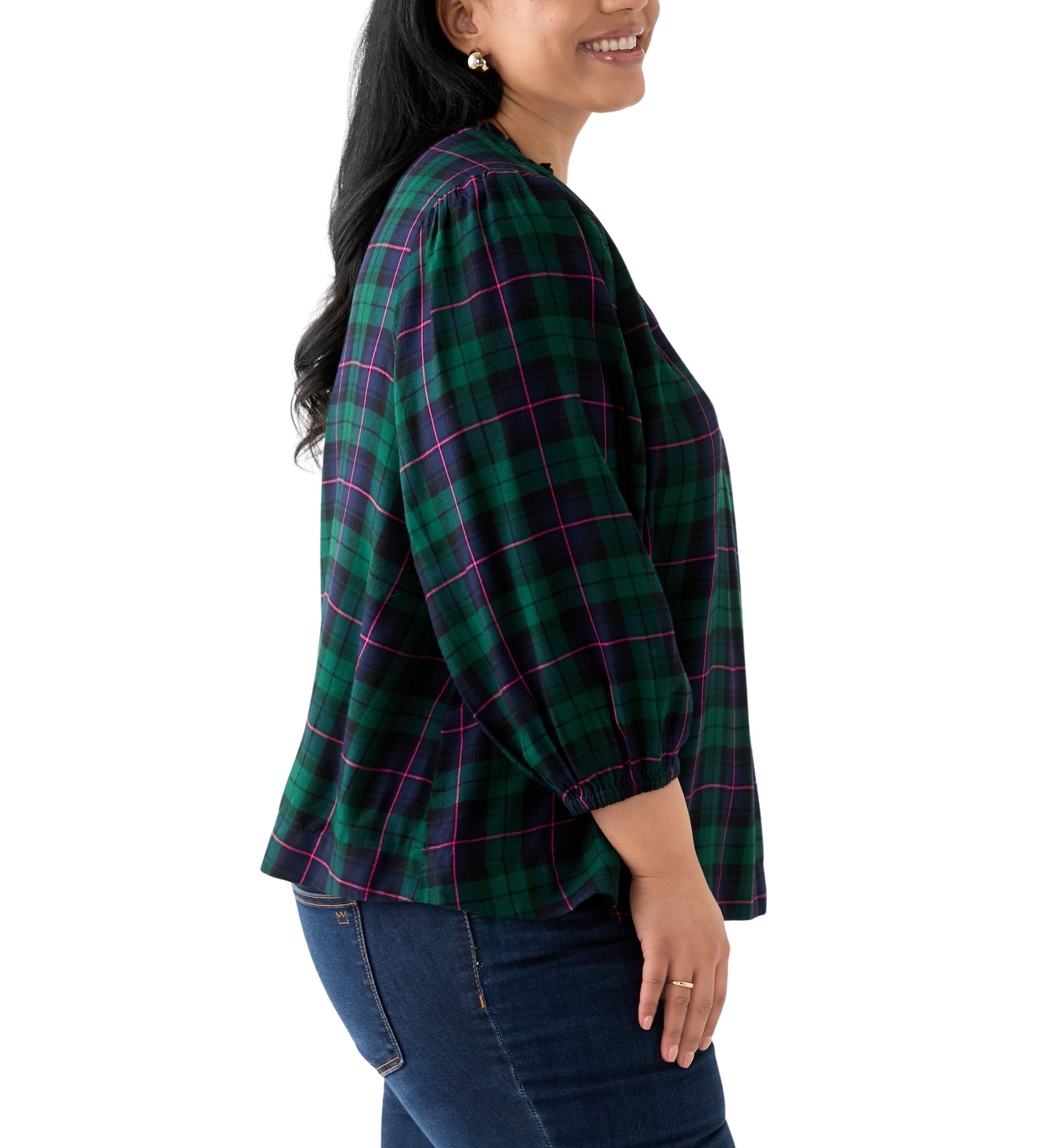 Plus Size Three-Quarter Sleeve Shirred Shoulder Shirt