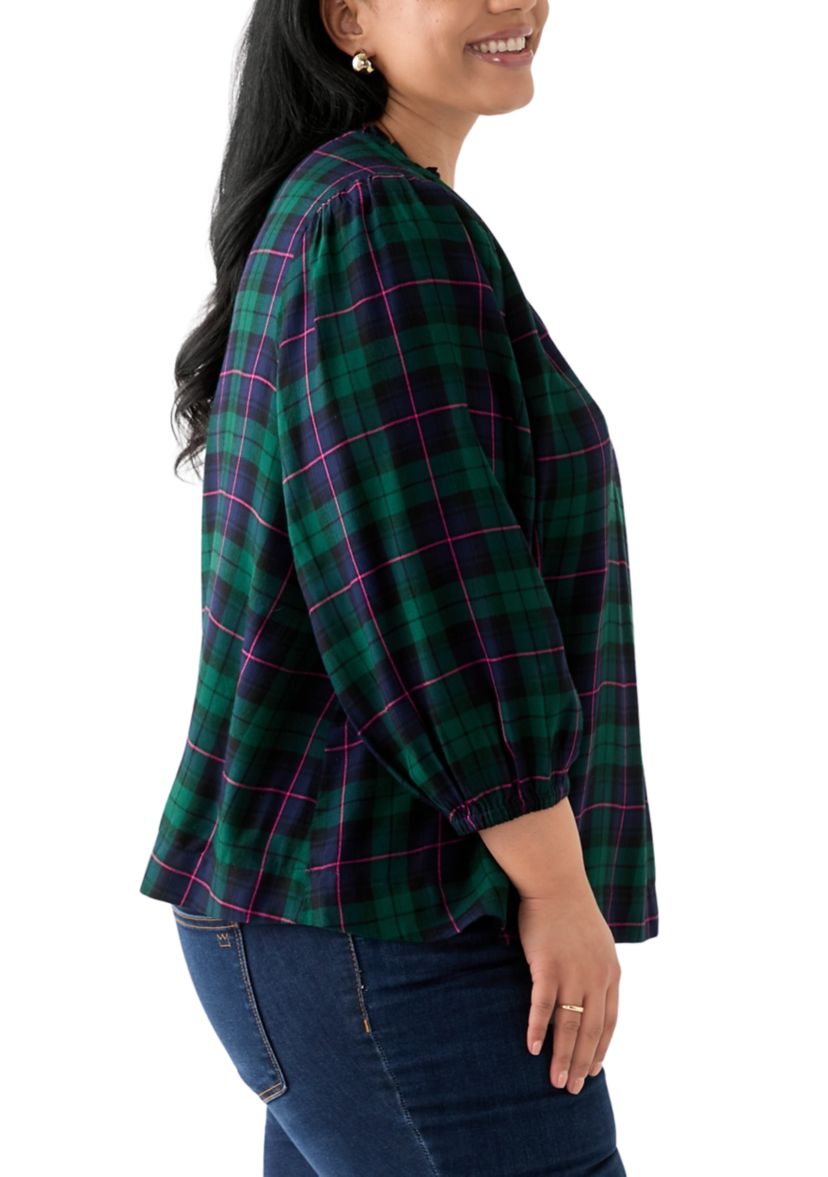 Plus Size Three-Quarter Sleeve Shirred Shoulder Shirt