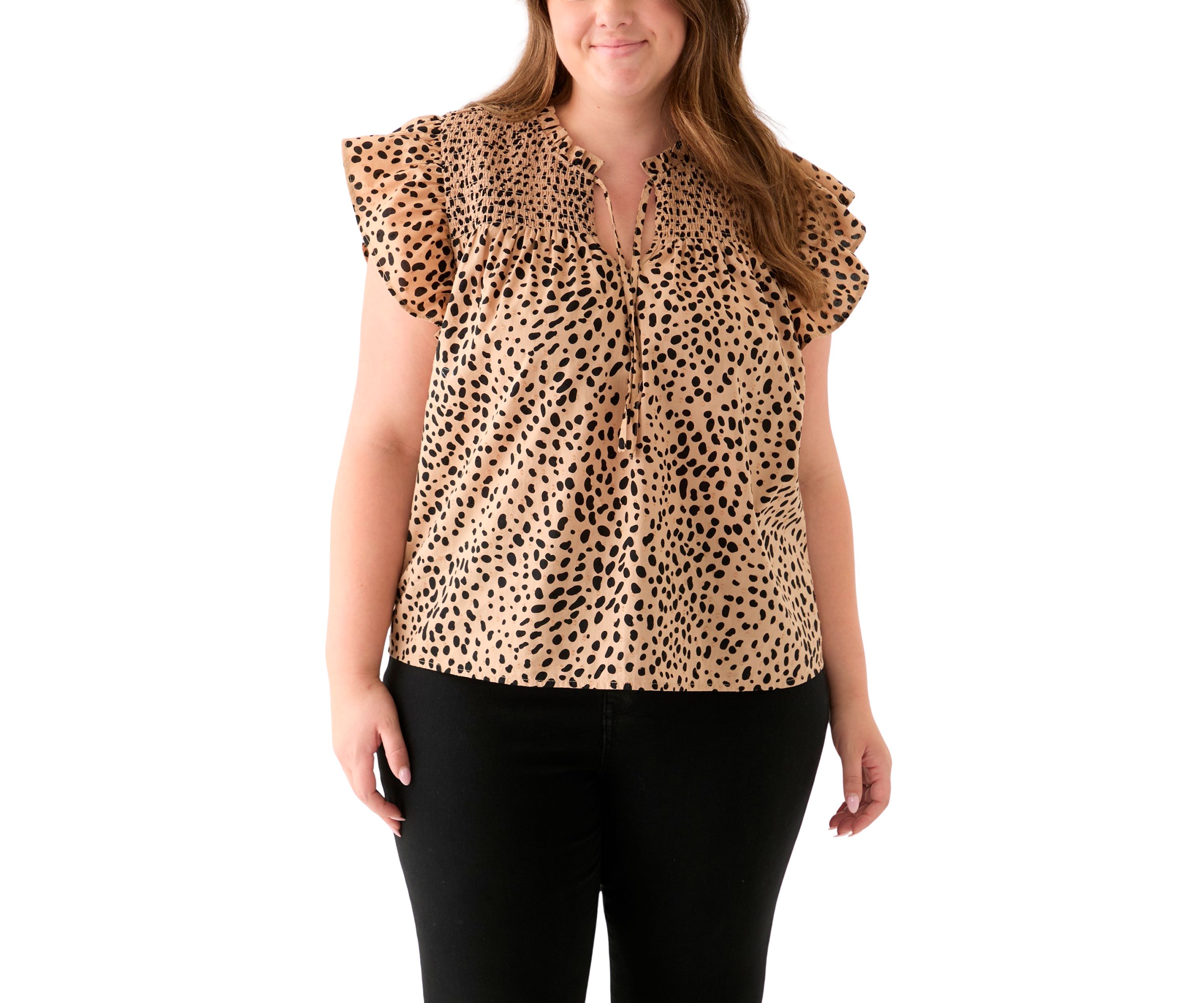 Plus Size Printed Split Neck Top