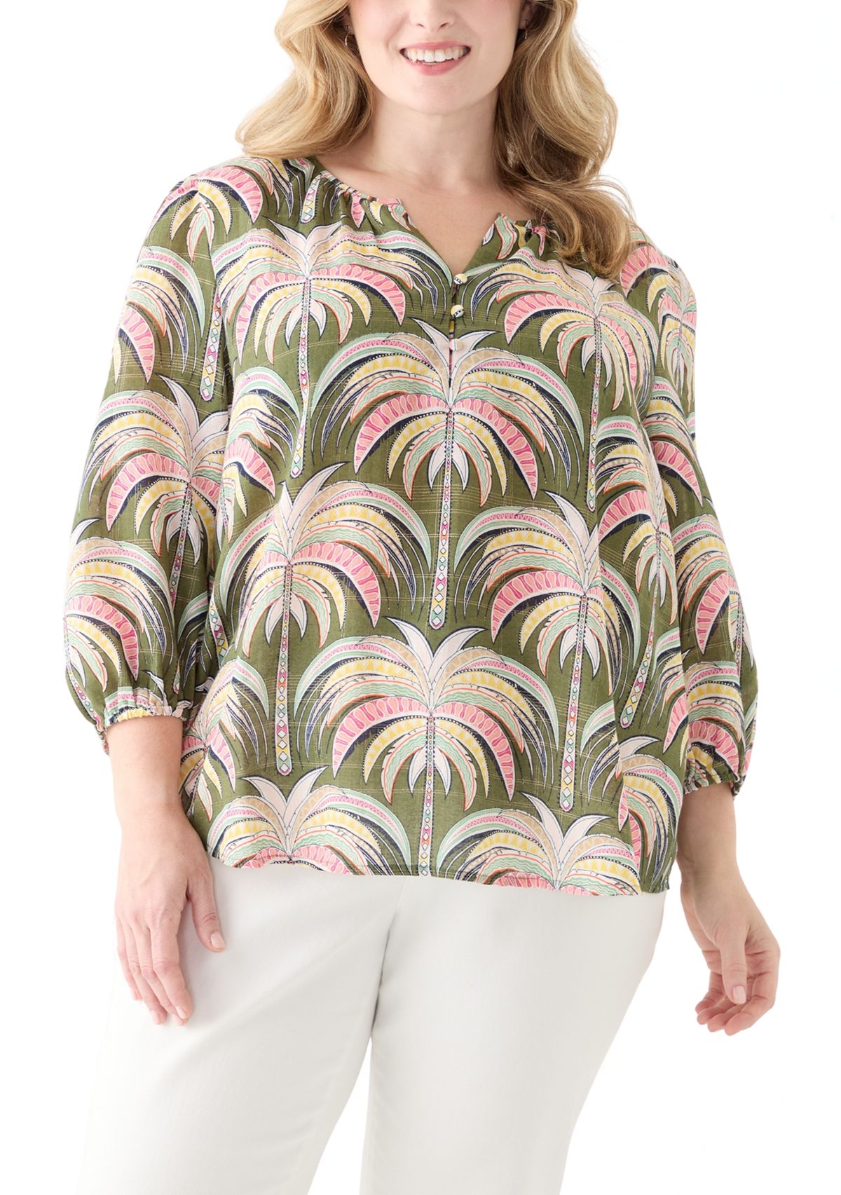 Plus Size 3/4 Sleeve Button Front Printed Peasant Top