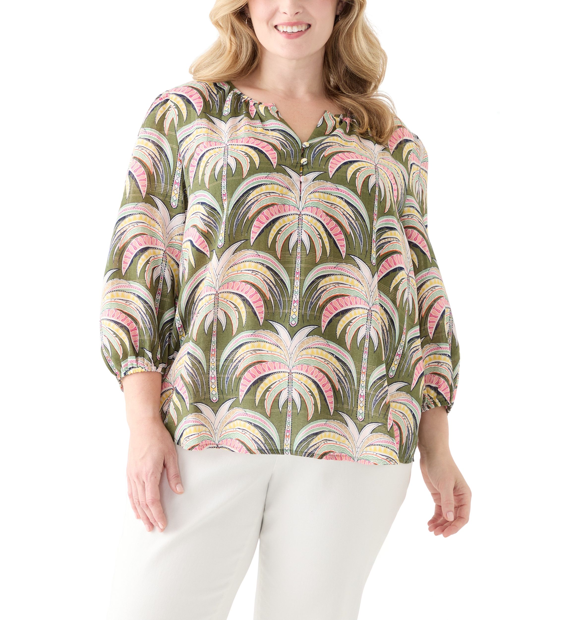 Plus Size 3/4 Sleeve Button Front Printed Peasant Top