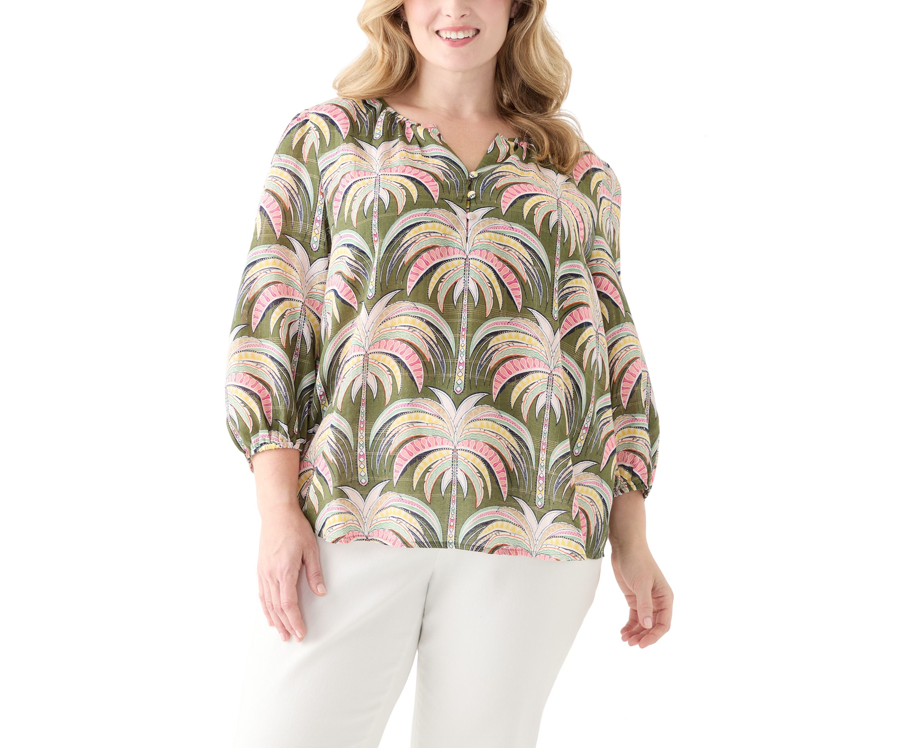 Plus Size 3/4 Sleeve Button Front Printed Peasant Top