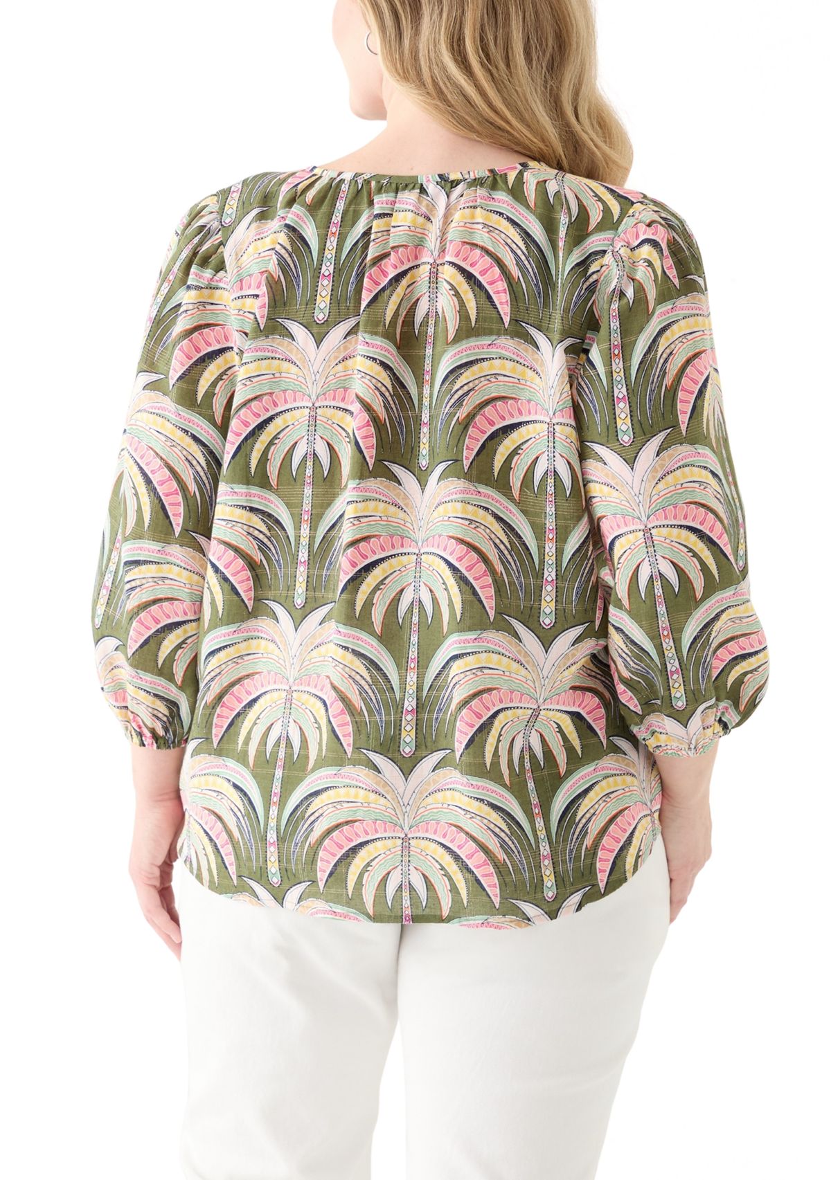 Plus Size 3/4 Sleeve Button Front Printed Peasant Top