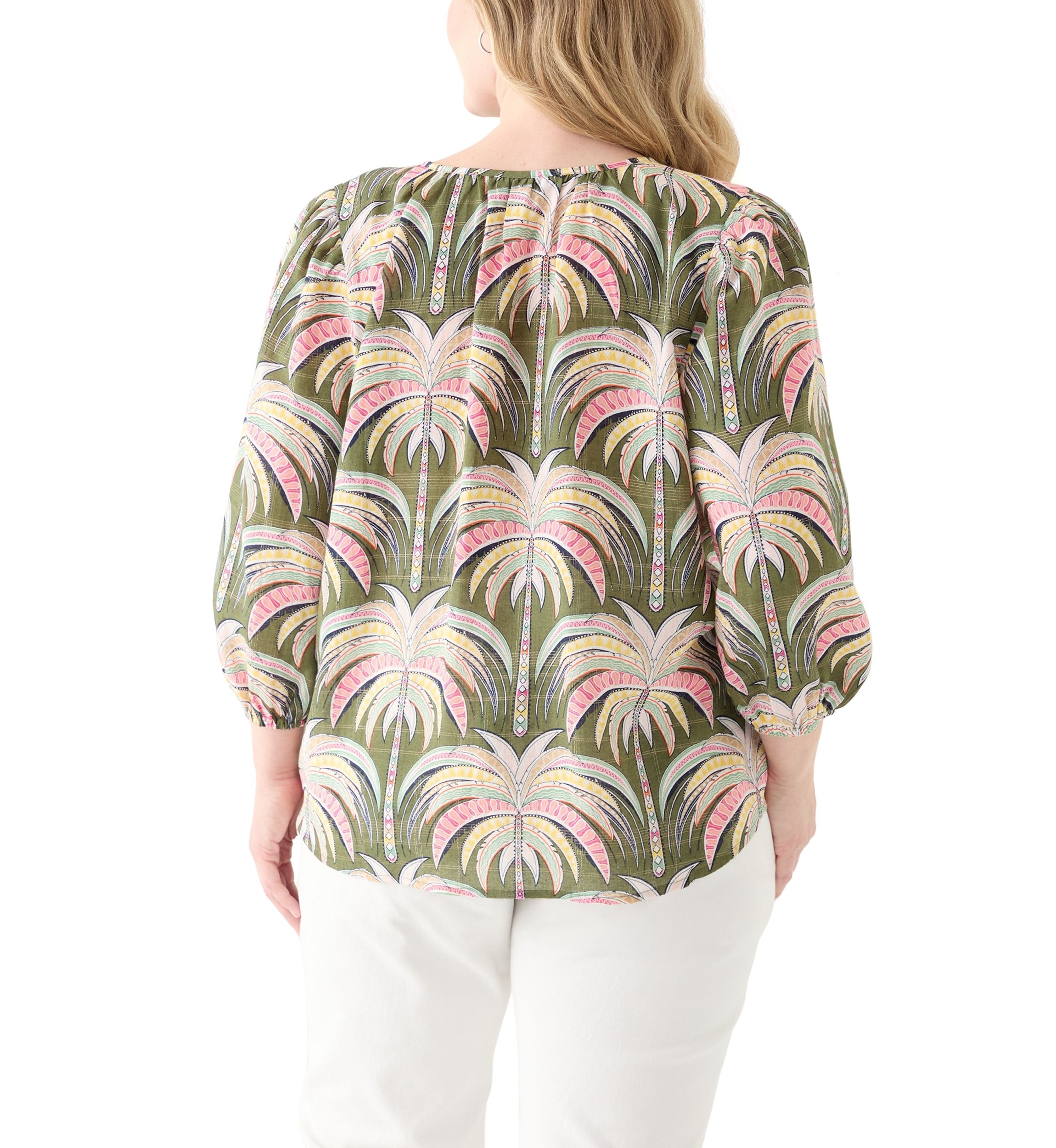 Plus Size 3/4 Sleeve Button Front Printed Peasant Top