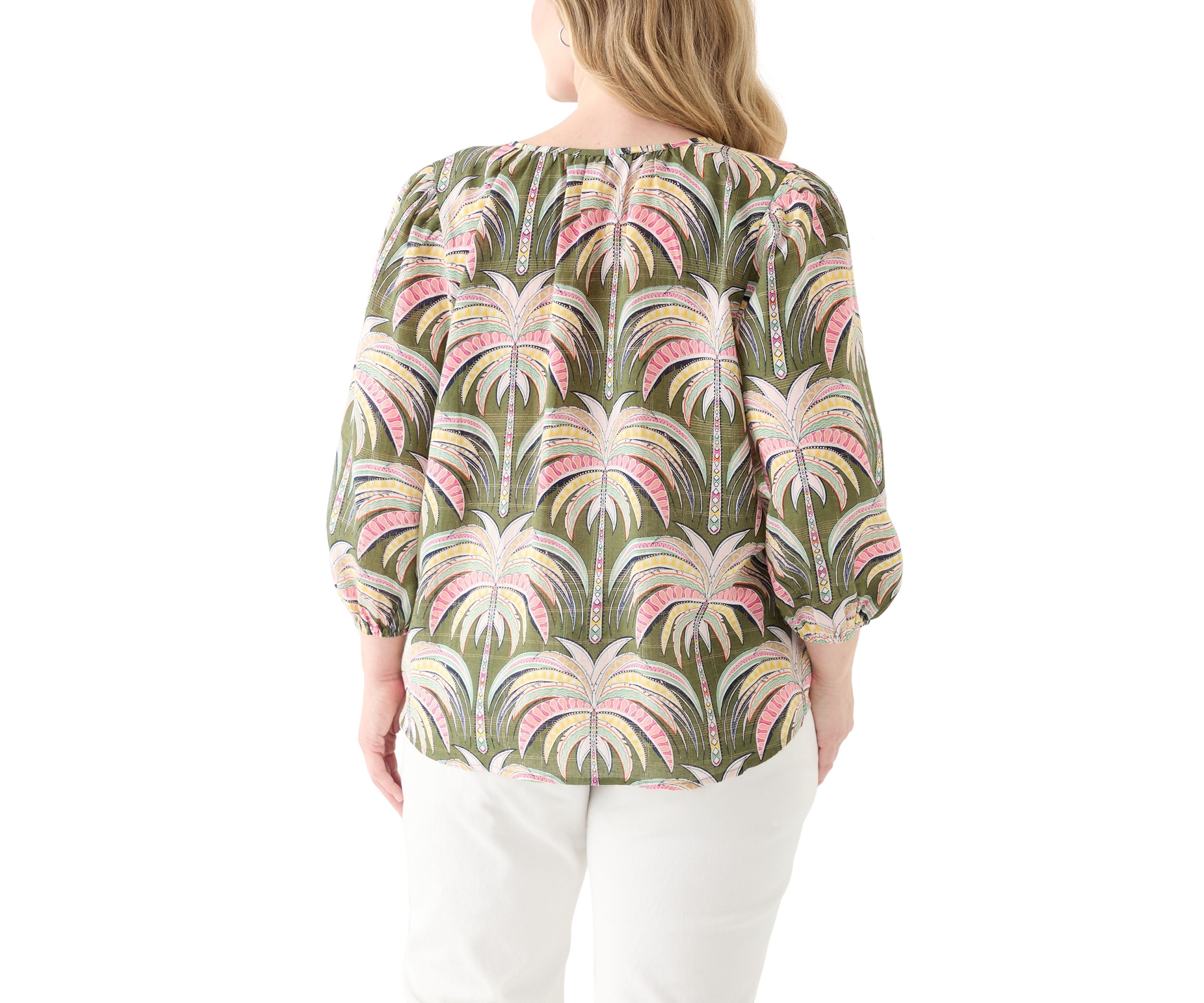 Plus Size 3/4 Sleeve Button Front Printed Peasant Top
