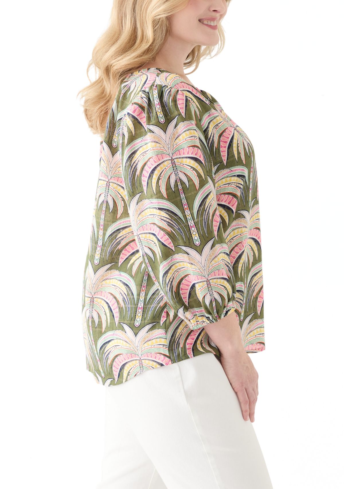 Plus Size 3/4 Sleeve Button Front Printed Peasant Top