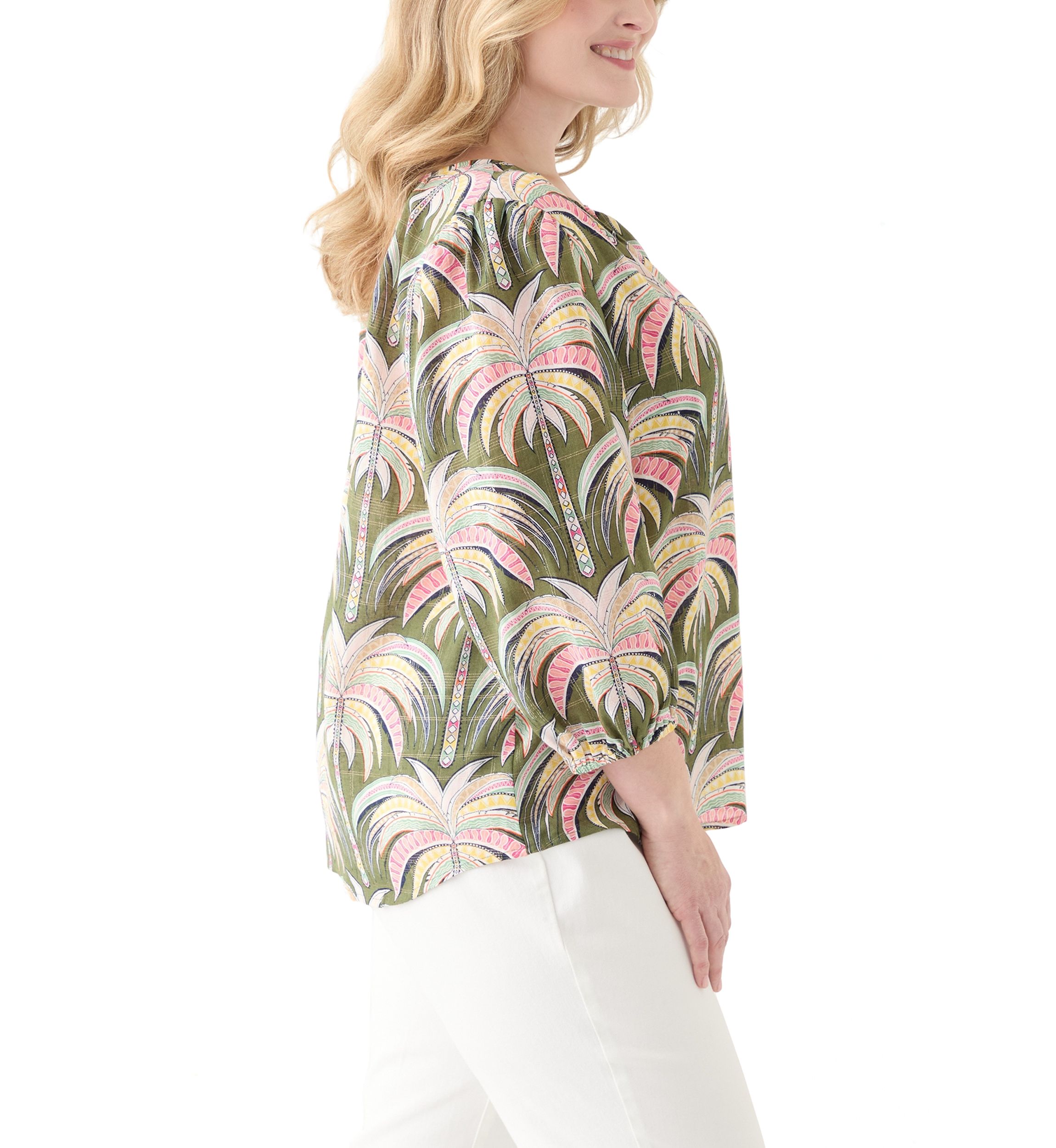 Plus Size 3/4 Sleeve Button Front Printed Peasant Top