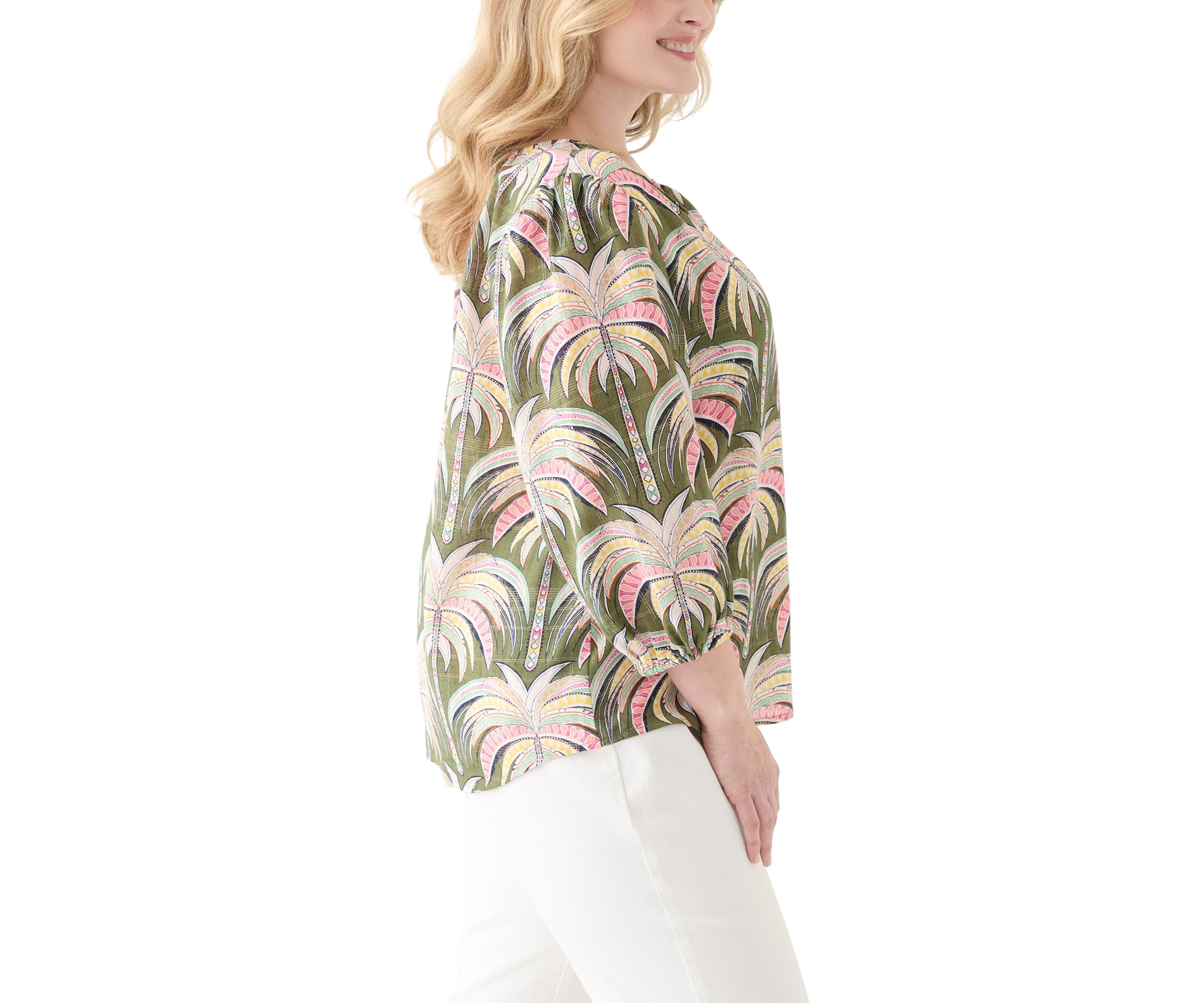 Plus Size 3/4 Sleeve Button Front Printed Peasant Top