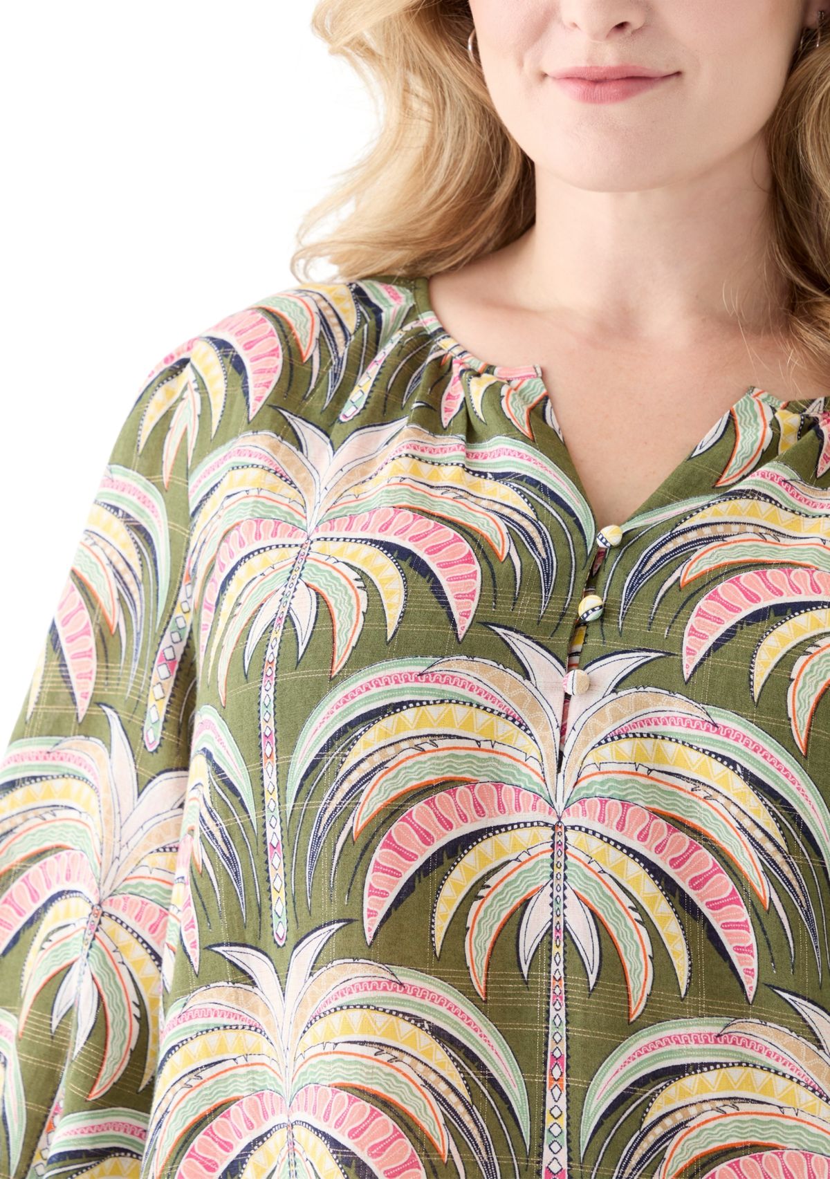 Plus Size 3/4 Sleeve Button Front Printed Peasant Top