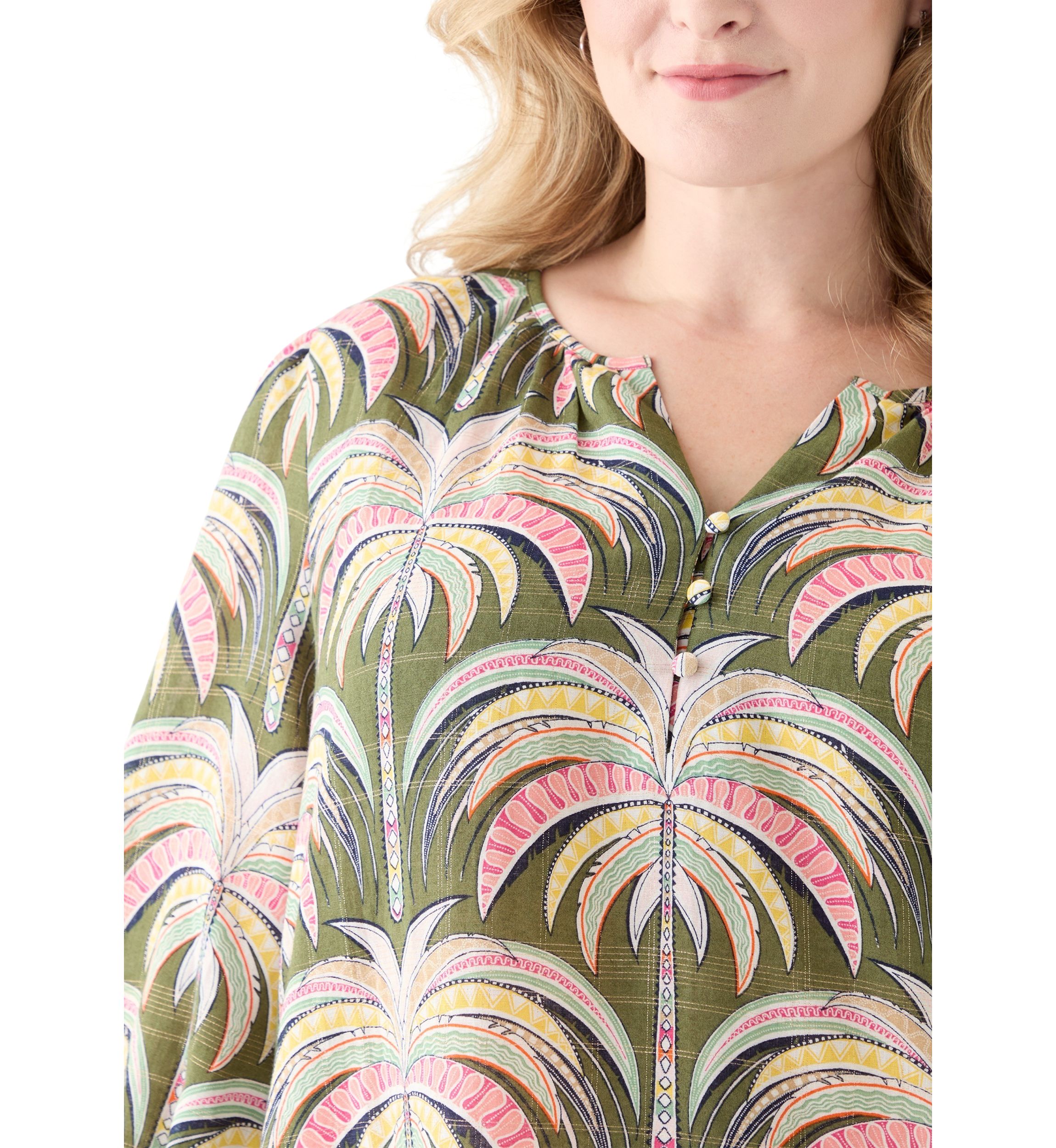 Plus Size 3/4 Sleeve Button Front Printed Peasant Top