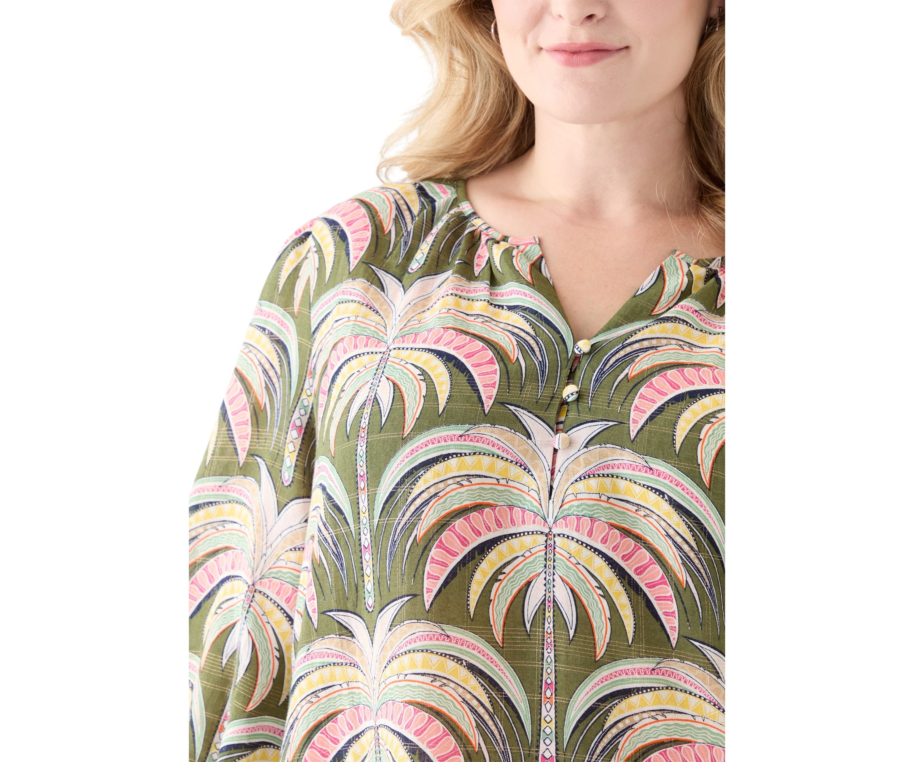 Plus Size 3/4 Sleeve Button Front Printed Peasant Top