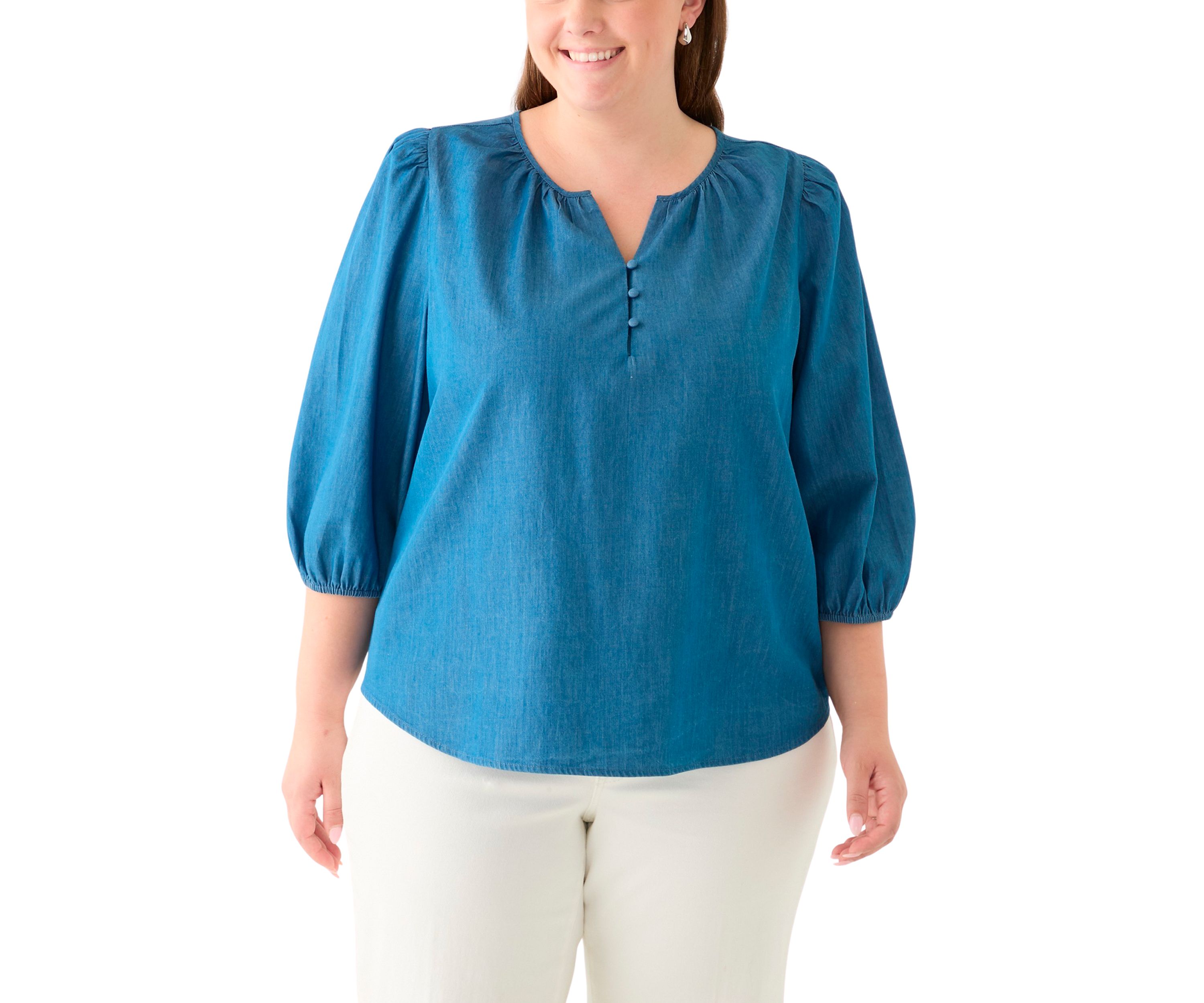 Plus Size Button Front Peasant Top