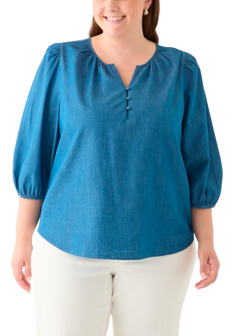 Plus Size Button Front Peasant Top