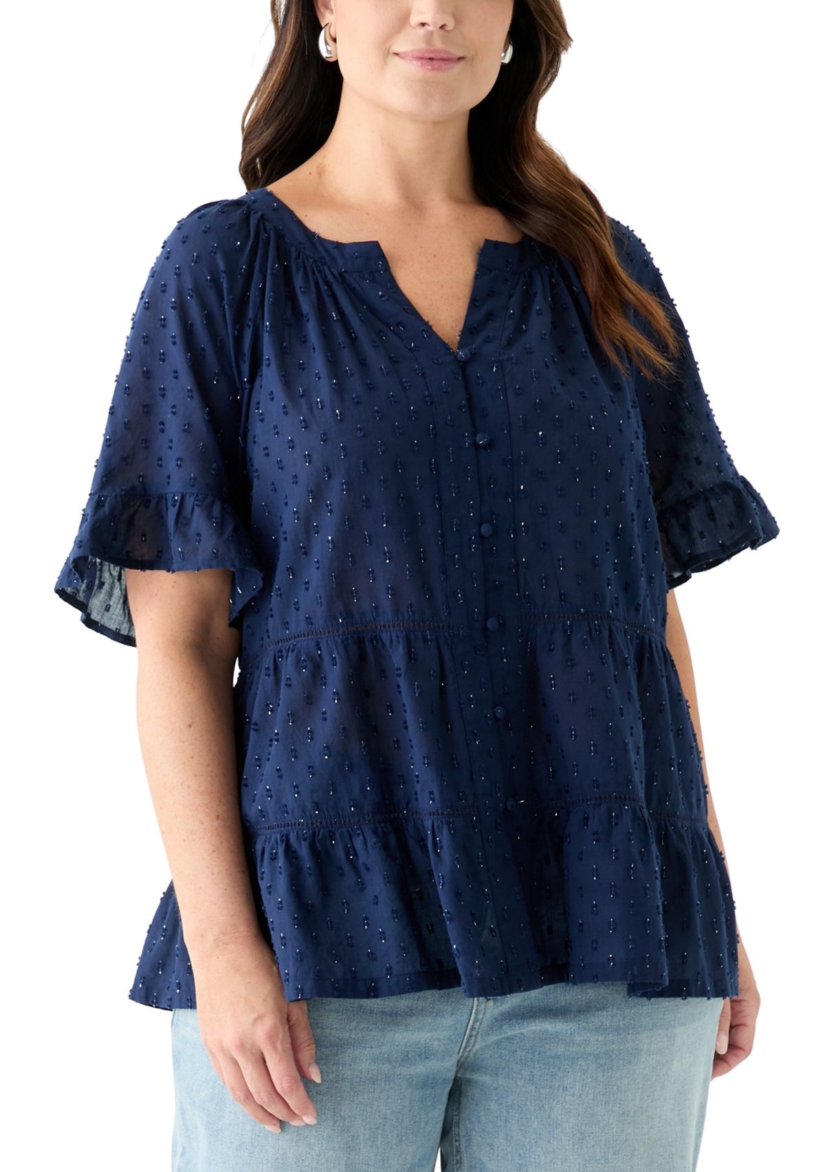 Plus Size Bell Sleeve Button Front Woven Blouse