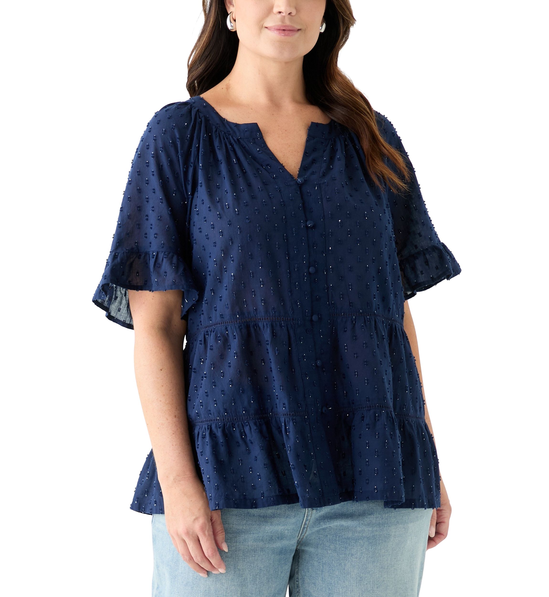 Plus Size Bell Sleeve Button Front Woven Blouse