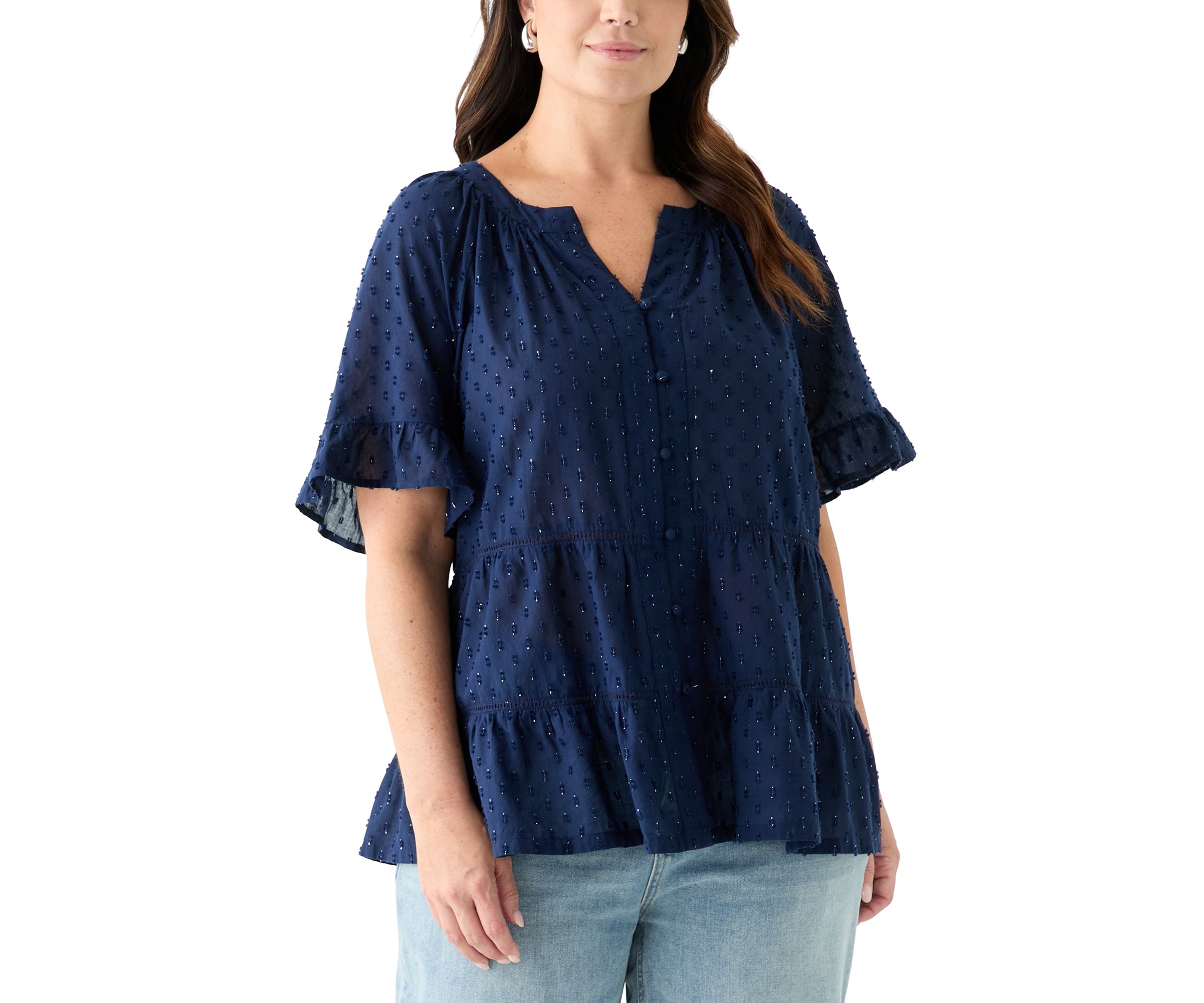 Plus Size Bell Sleeve Button Front Woven Blouse