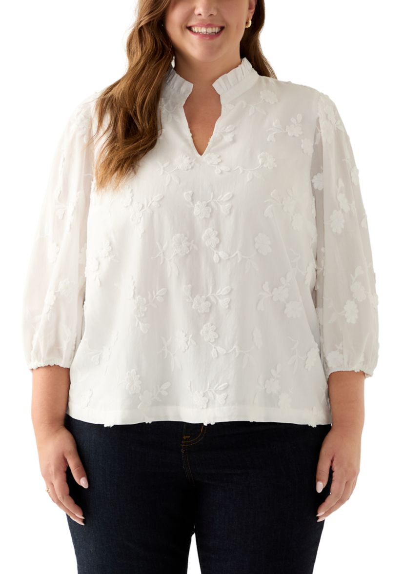 Plus Size 3/4 Sleeve Ruffle Neck Blouse