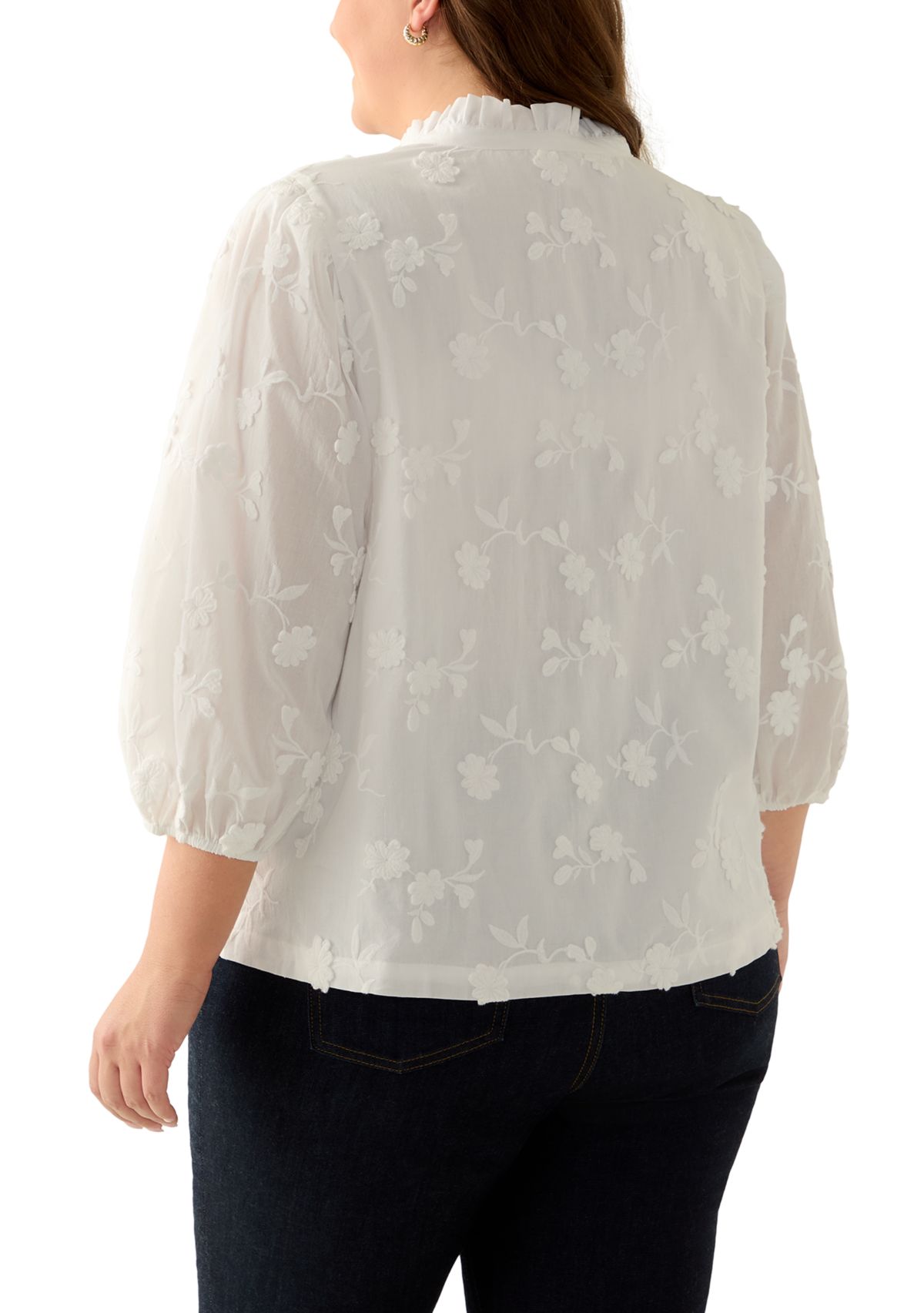 Plus Size 3/4 Sleeve Ruffle Neck Blouse