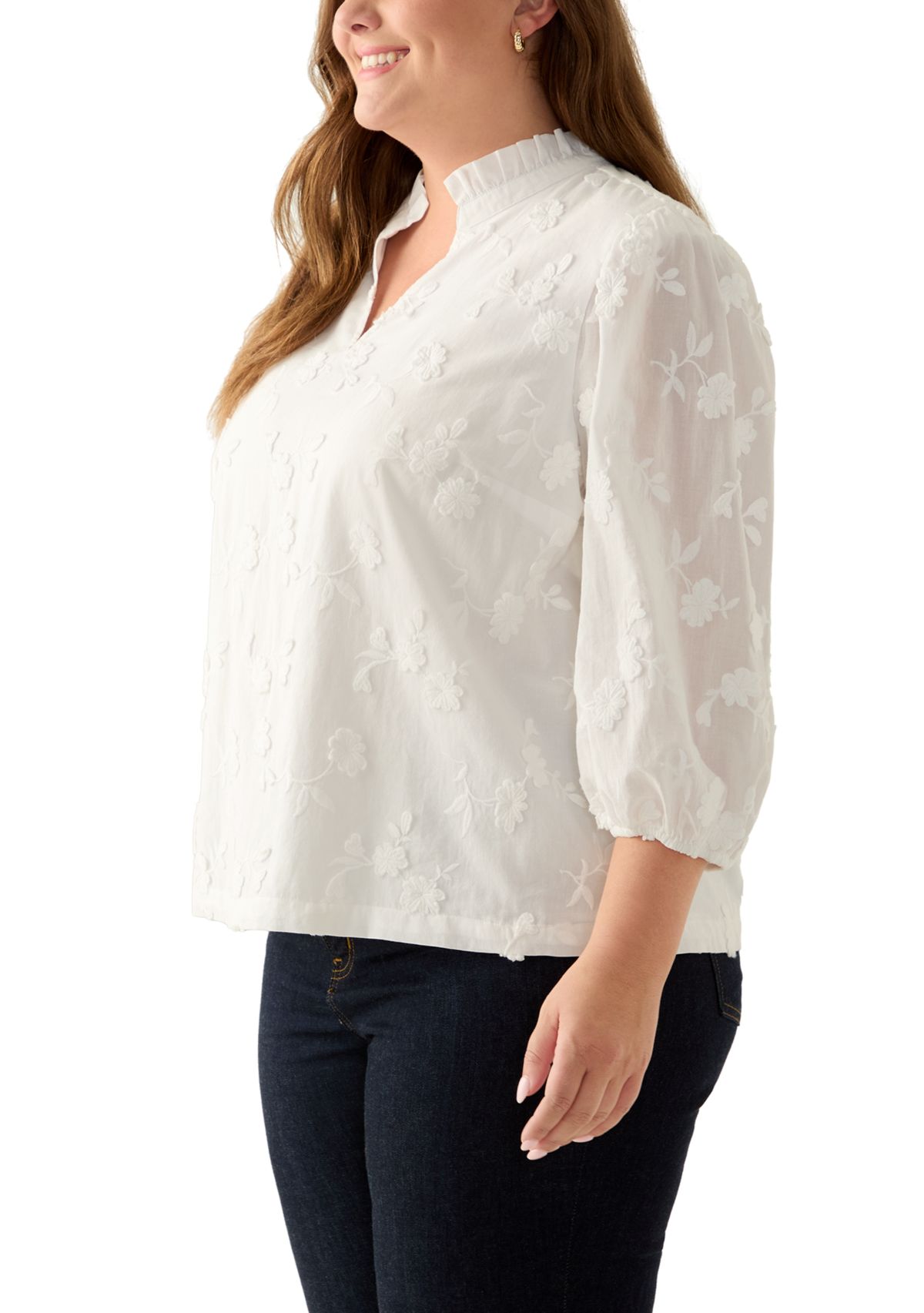 Plus Size 3/4 Sleeve Ruffle Neck Blouse