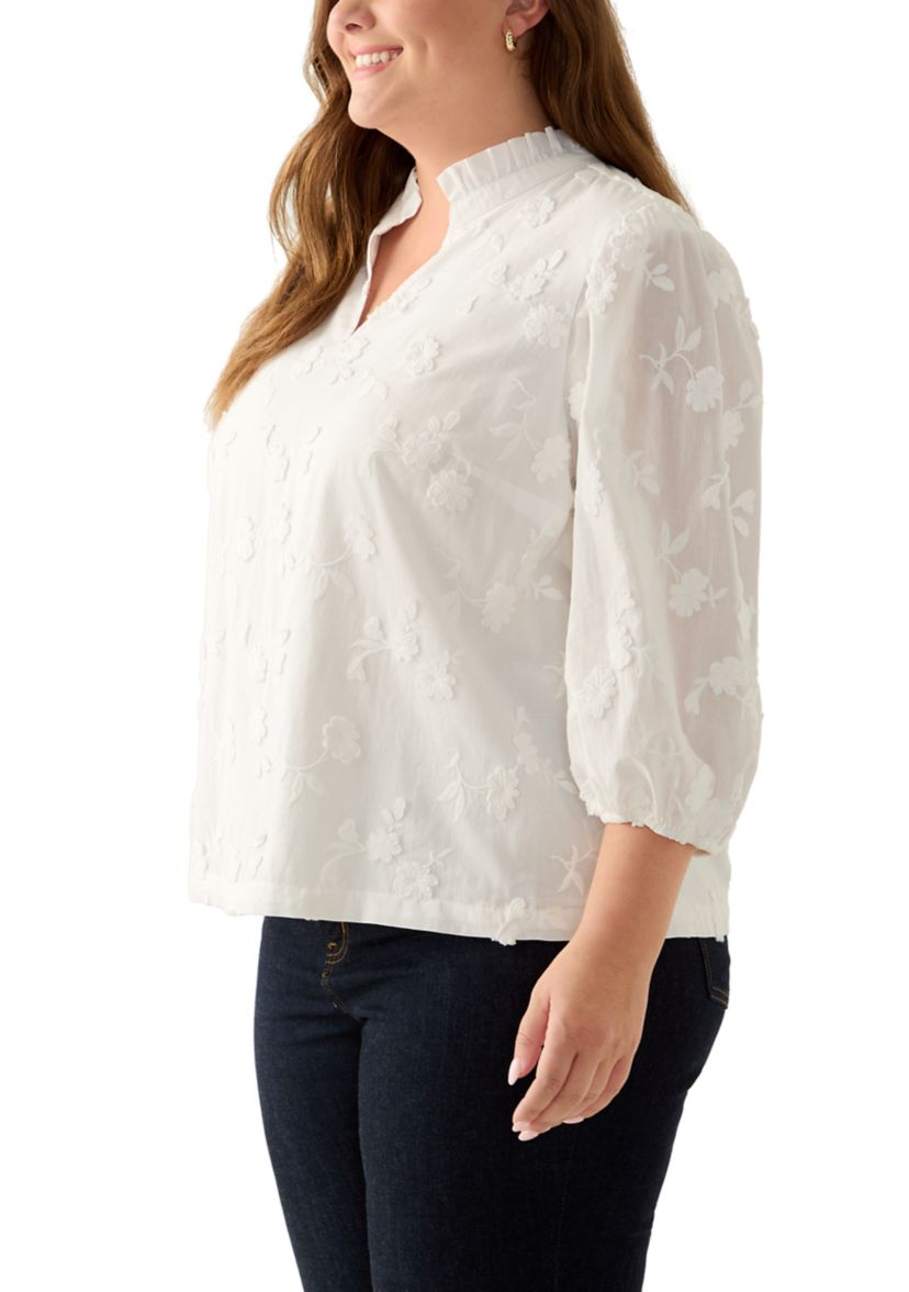Plus Size 3/4 Sleeve Ruffle Neck Blouse