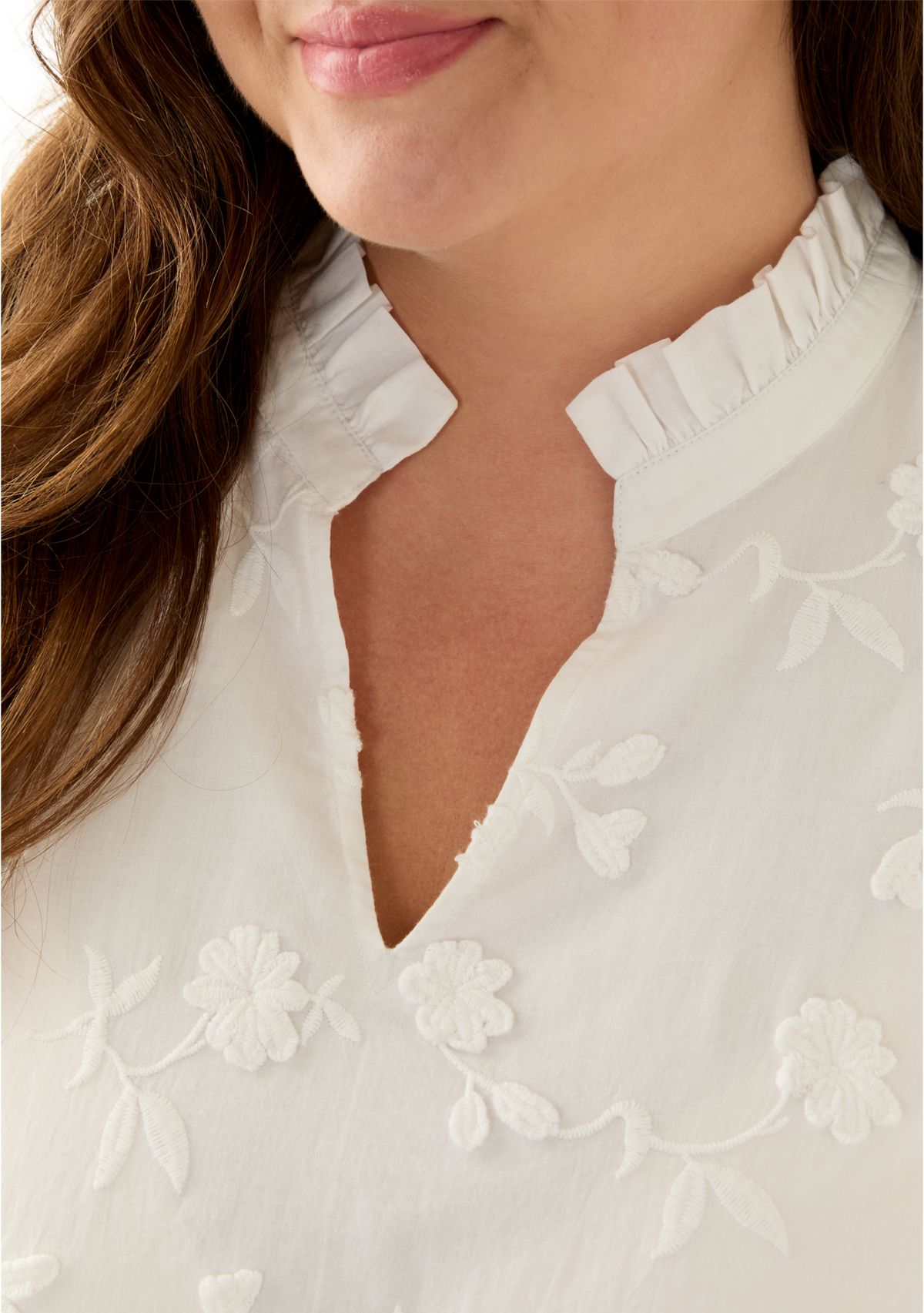 Plus Size 3/4 Sleeve Ruffle Neck Blouse