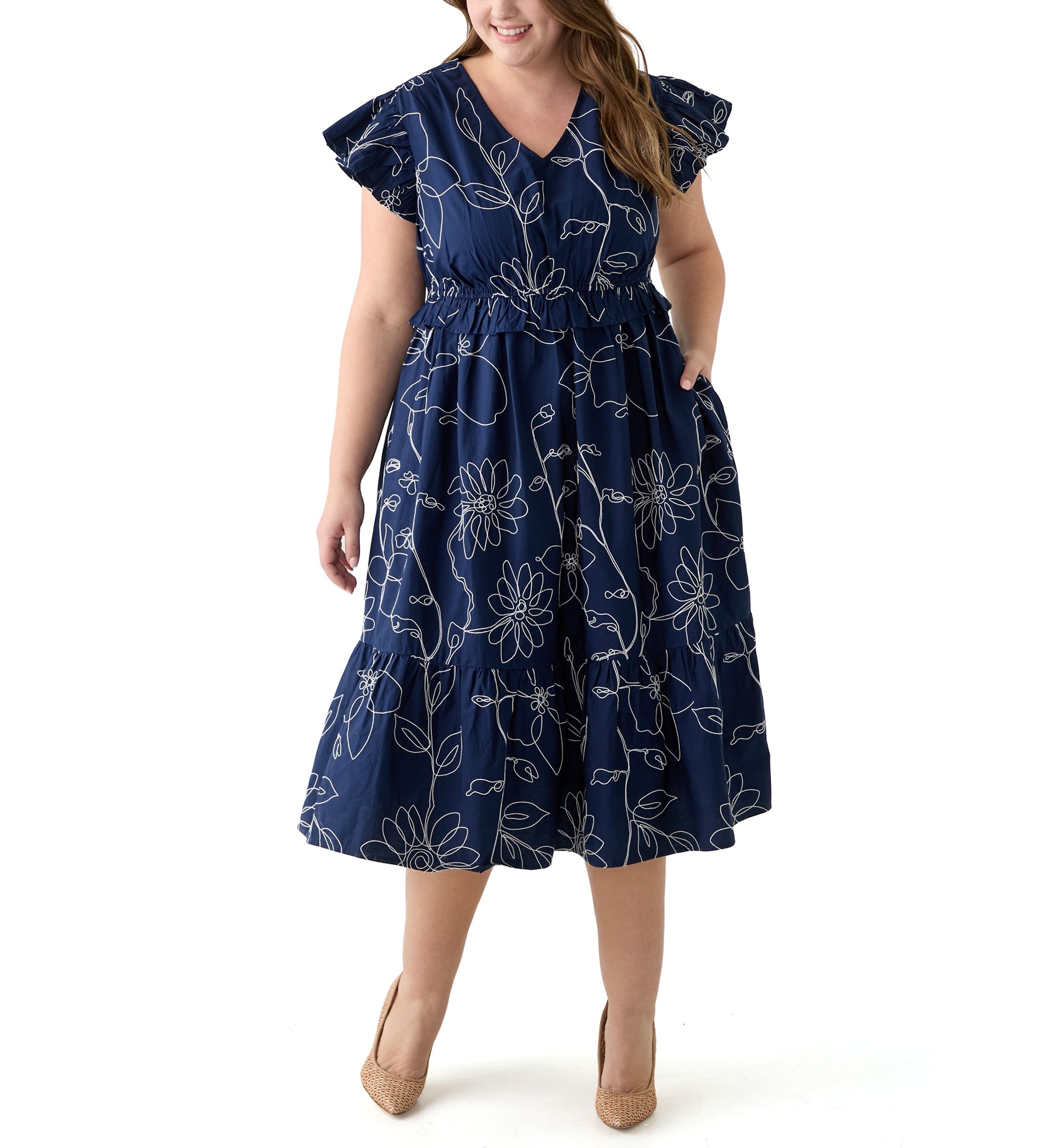 Plus Size Flutter Sleeve V-Neck Dress