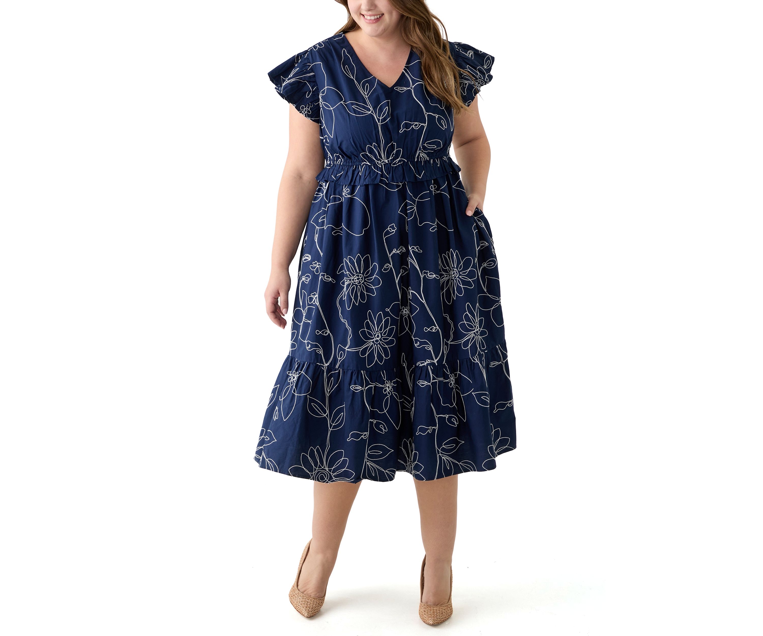 Plus Size Flutter Sleeve V-Neck Dress