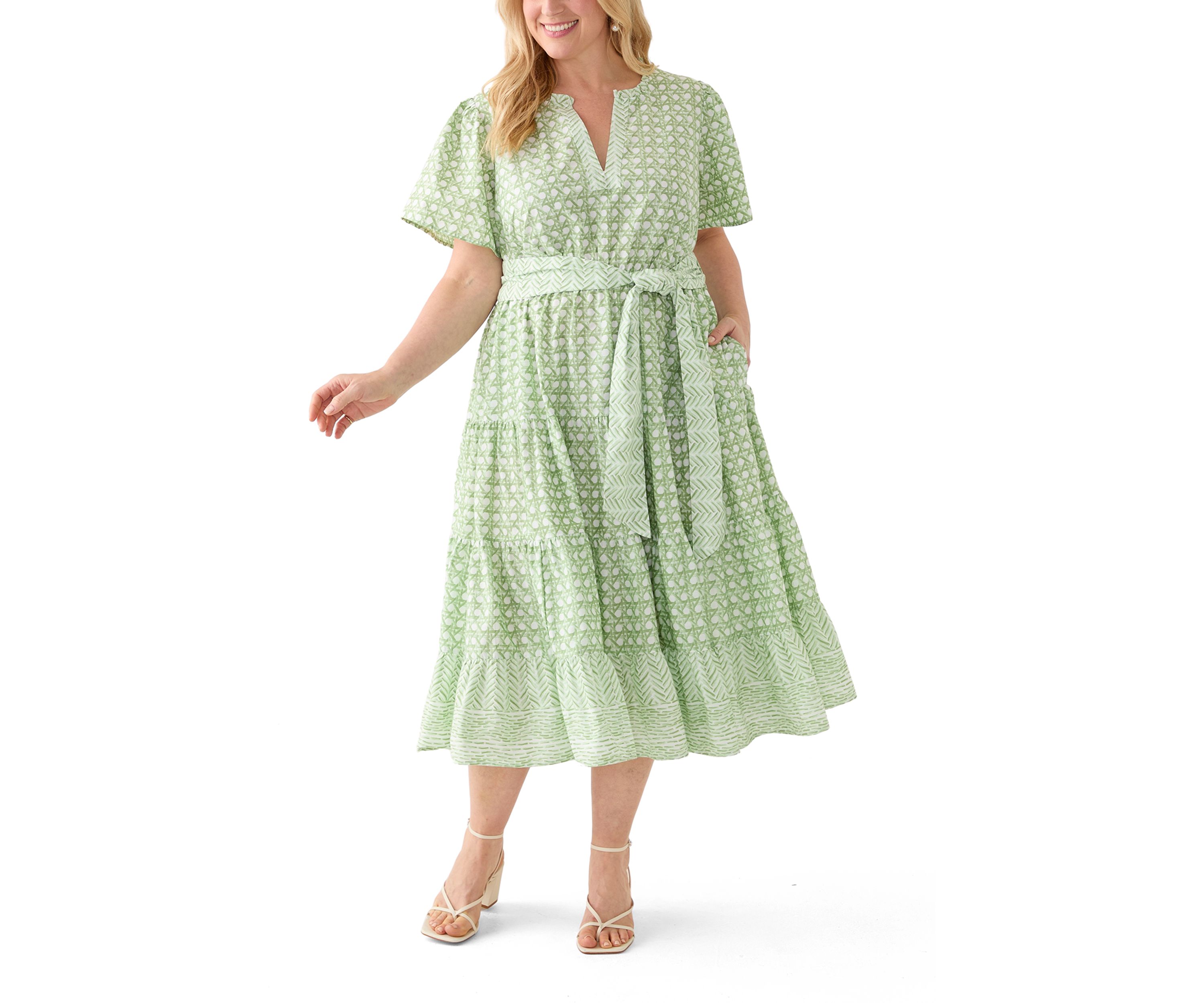 Plus Size Short Sleeve Belted Midi Dress