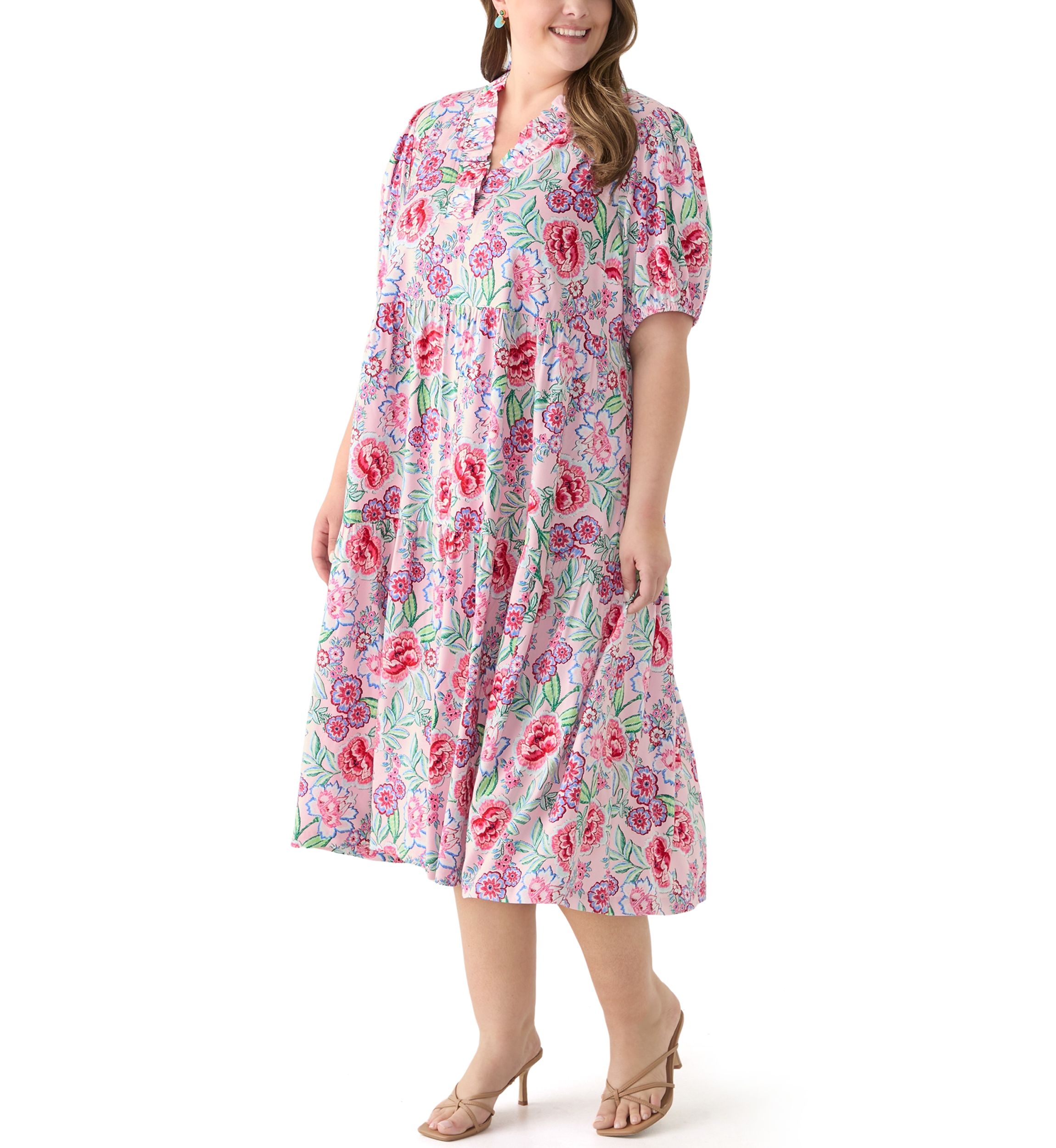 Plus Size Short Sleeve Ruffle Neck Printed Midi Dress