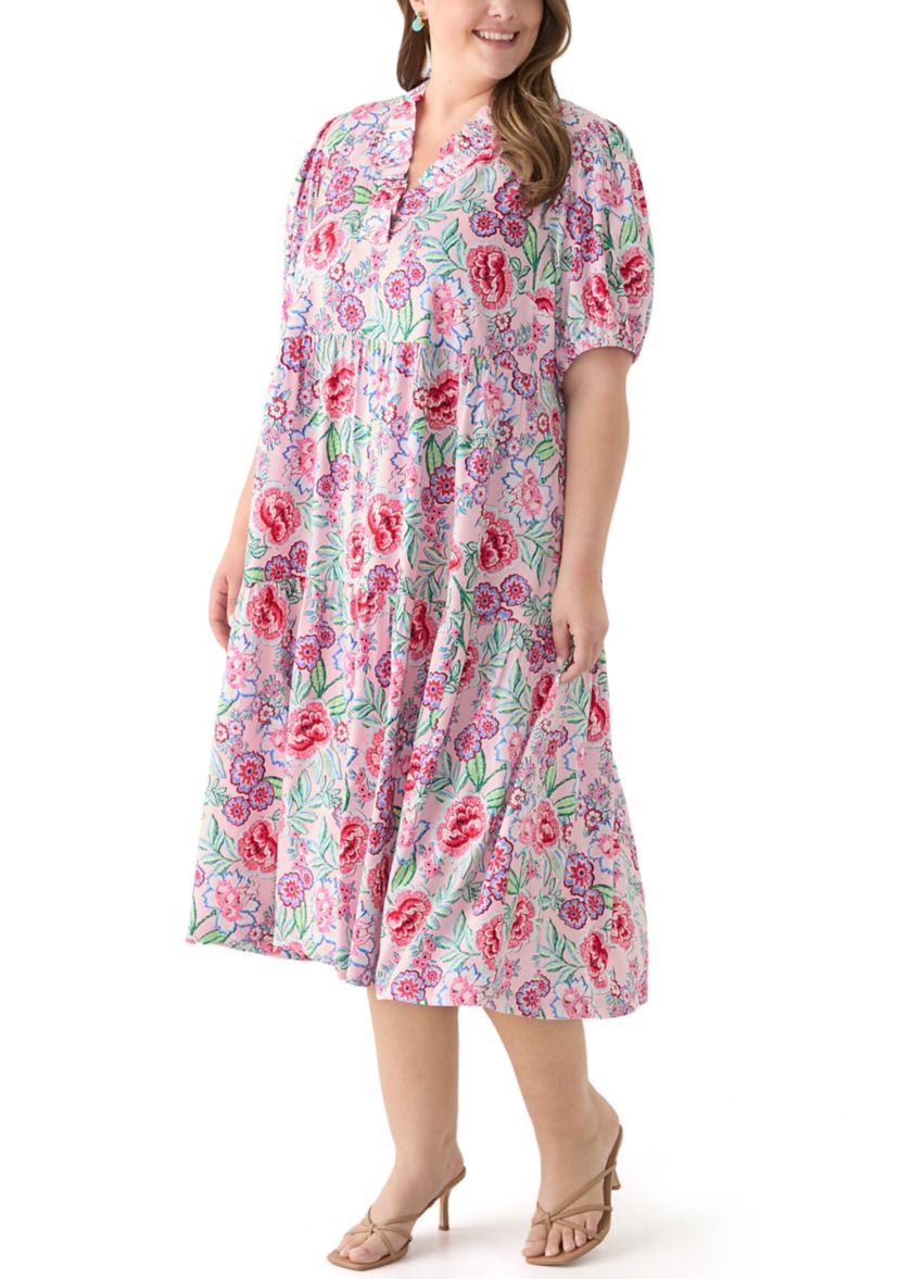 Plus Size Short Sleeve Ruffle Neck Printed Midi Dress