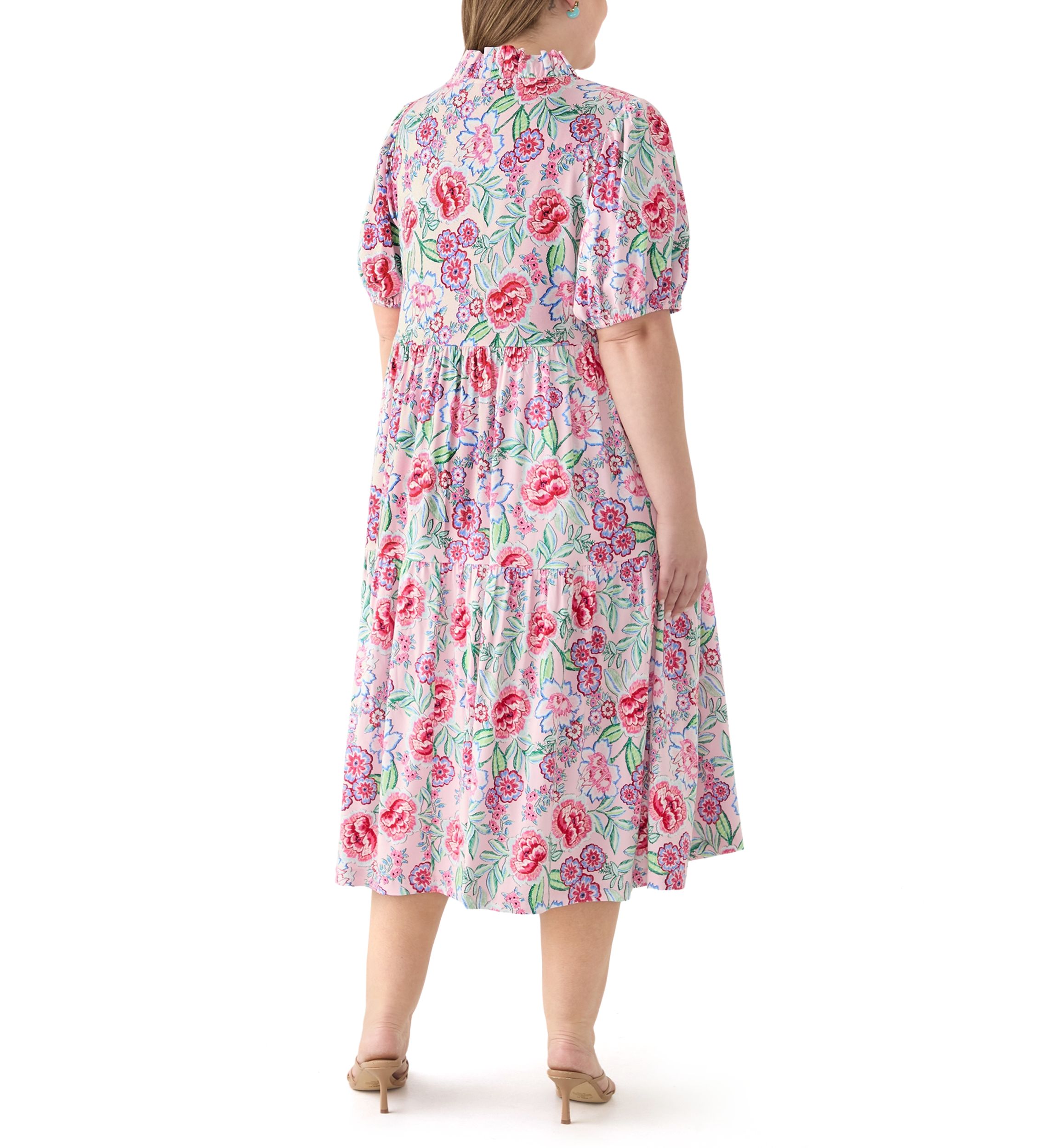 Plus Size Short Sleeve Ruffle Neck Printed Midi Dress