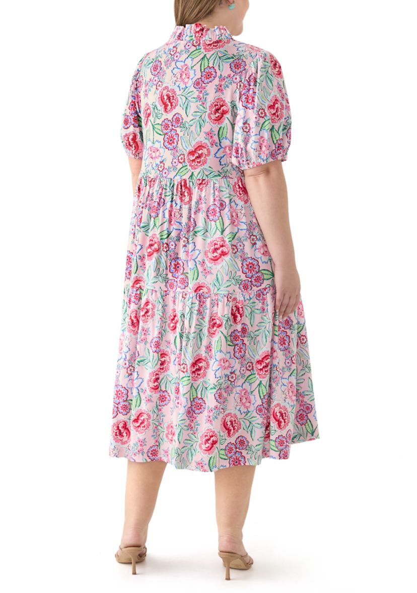 Plus Size Short Sleeve Ruffle Neck Printed Midi Dress