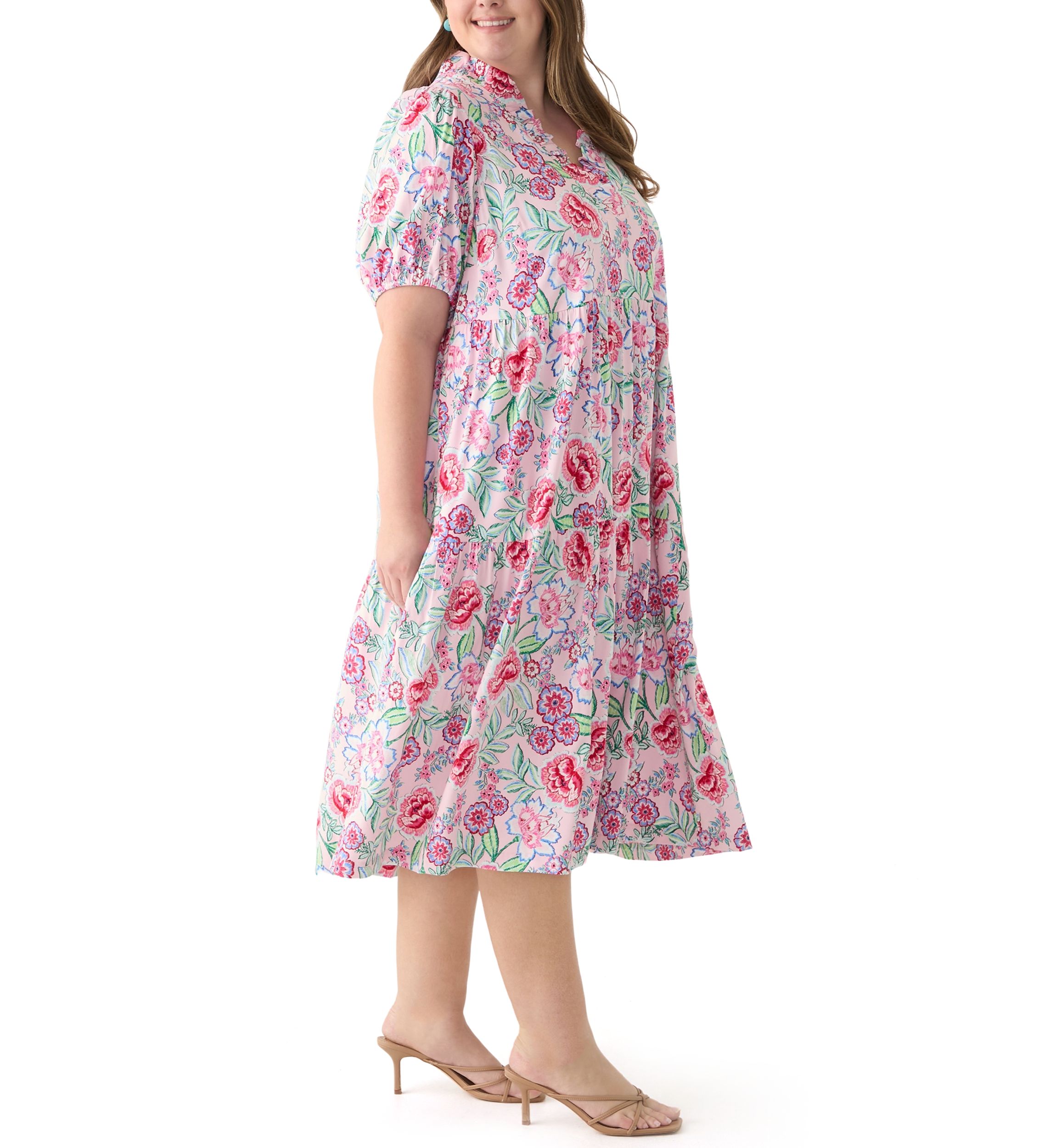 Plus Size Short Sleeve Ruffle Neck Printed Midi Dress