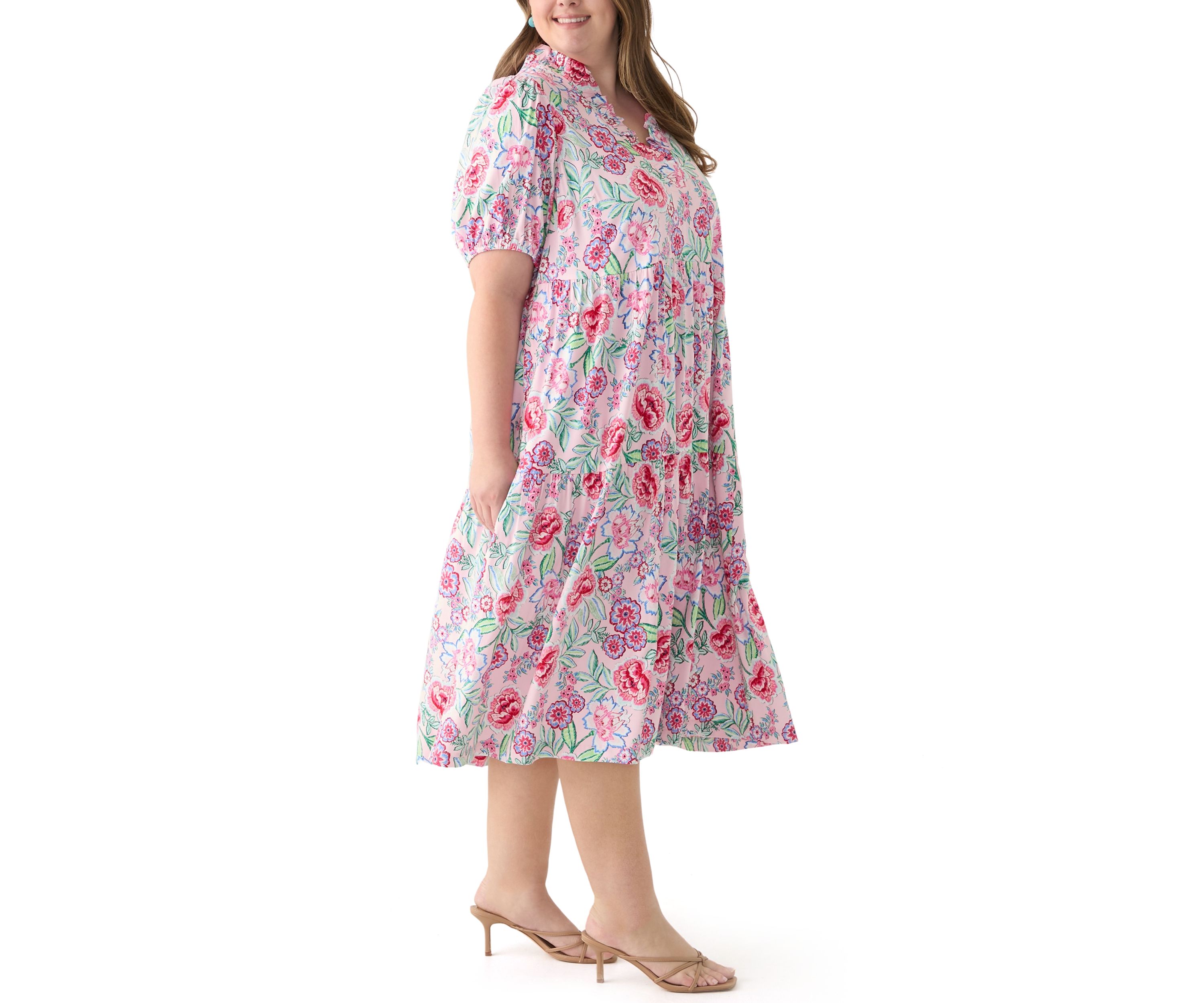 Plus Size Short Sleeve Ruffle Neck Printed Midi Dress