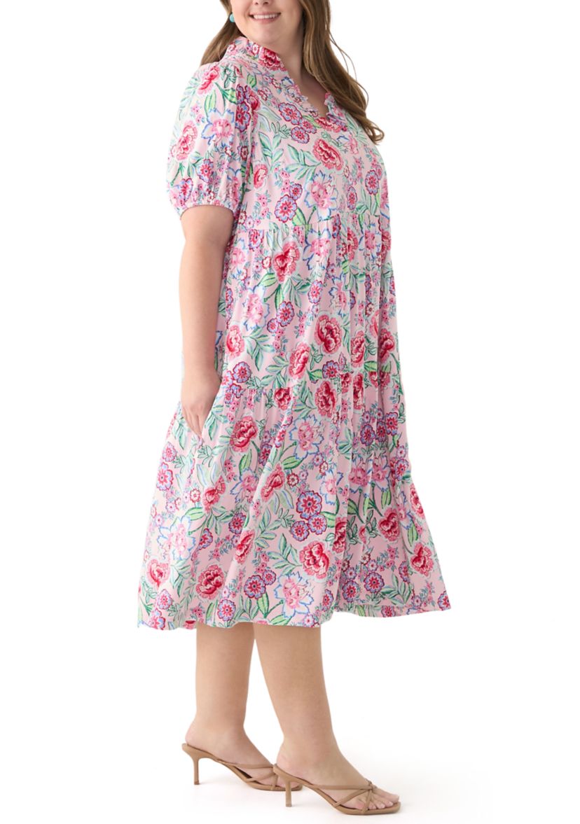 Plus Size Short Sleeve Ruffle Neck Printed Midi Dress