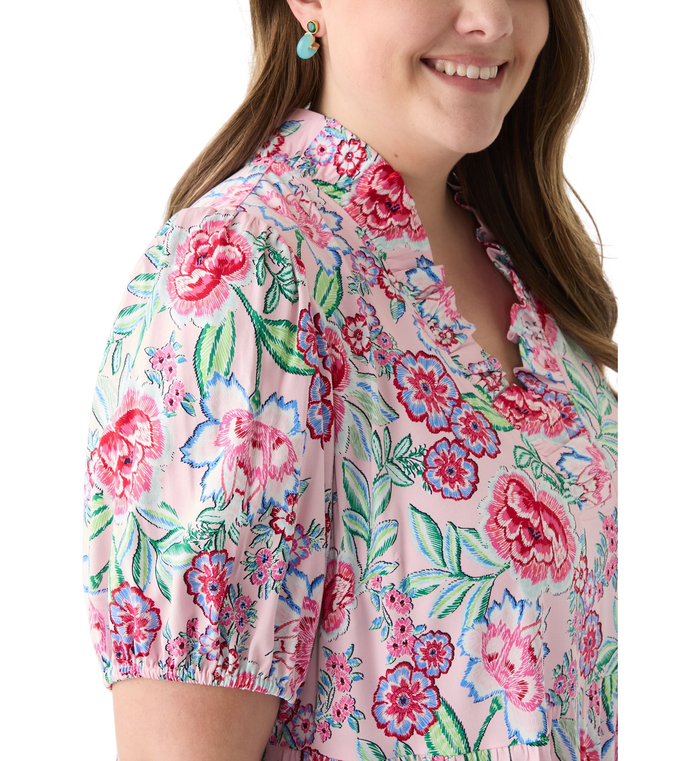 Plus Size Short Sleeve Ruffle Neck Printed Midi Dress