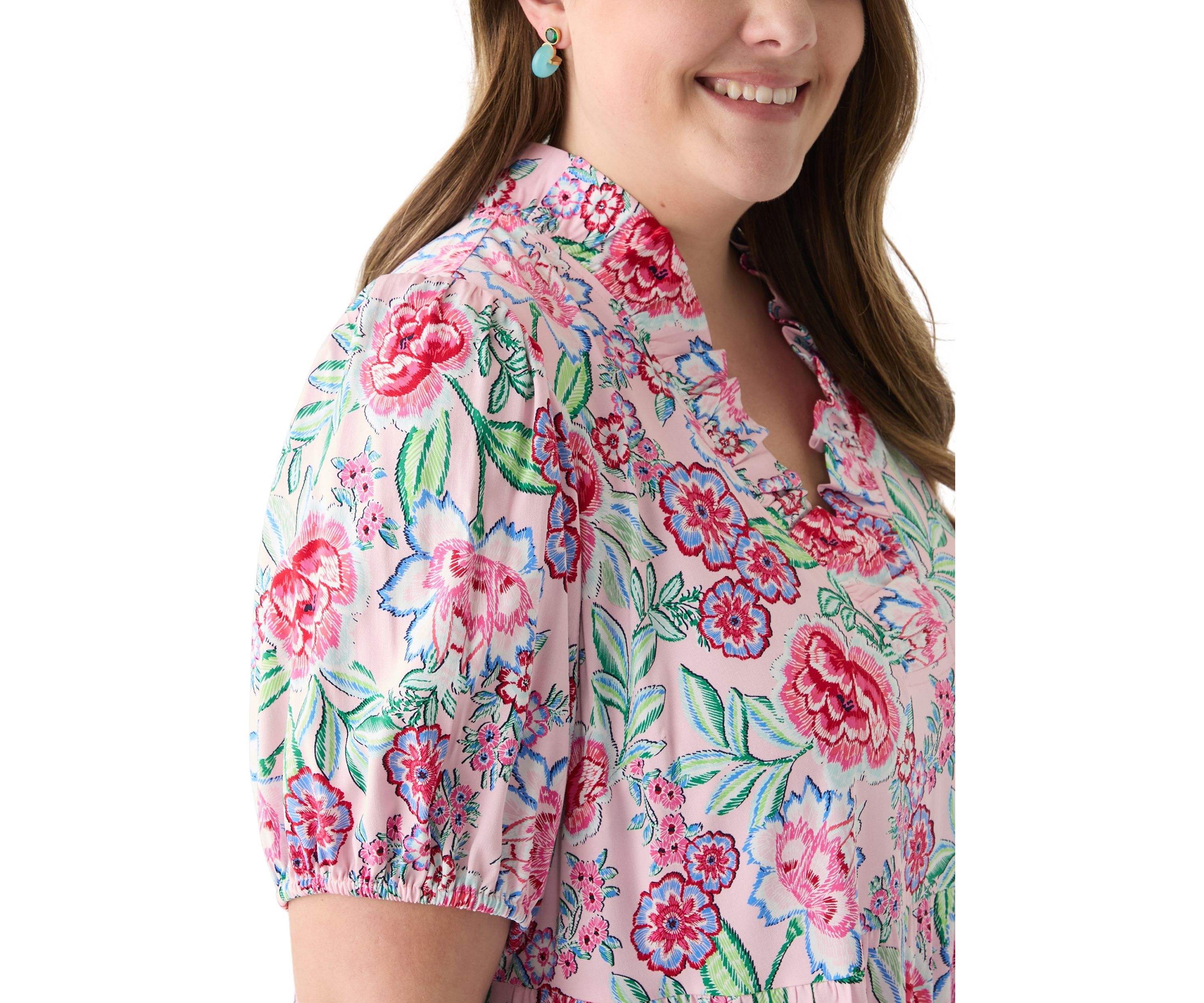 Plus Size Short Sleeve Ruffle Neck Printed Midi Dress