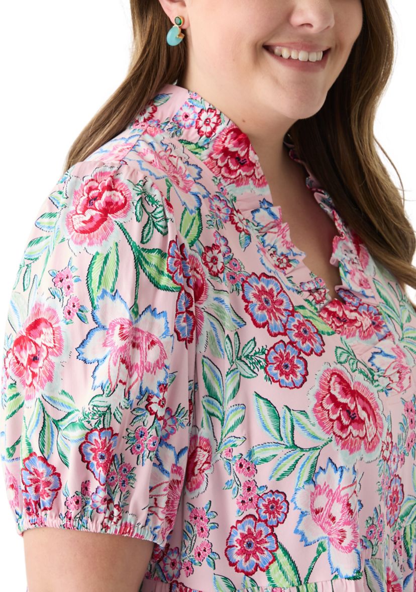 Plus Size Short Sleeve Ruffle Neck Printed Midi Dress