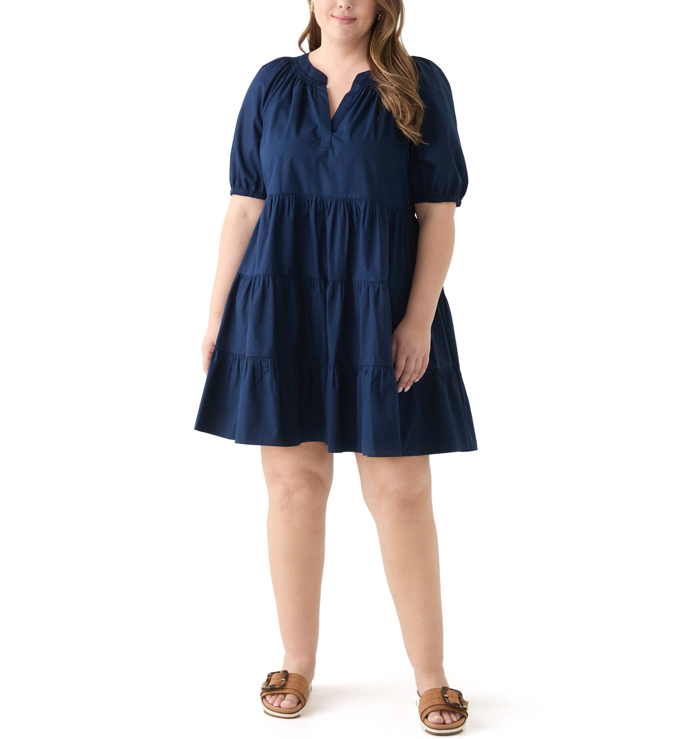 Plus Size Short Sleeve Solid Peasant Dress